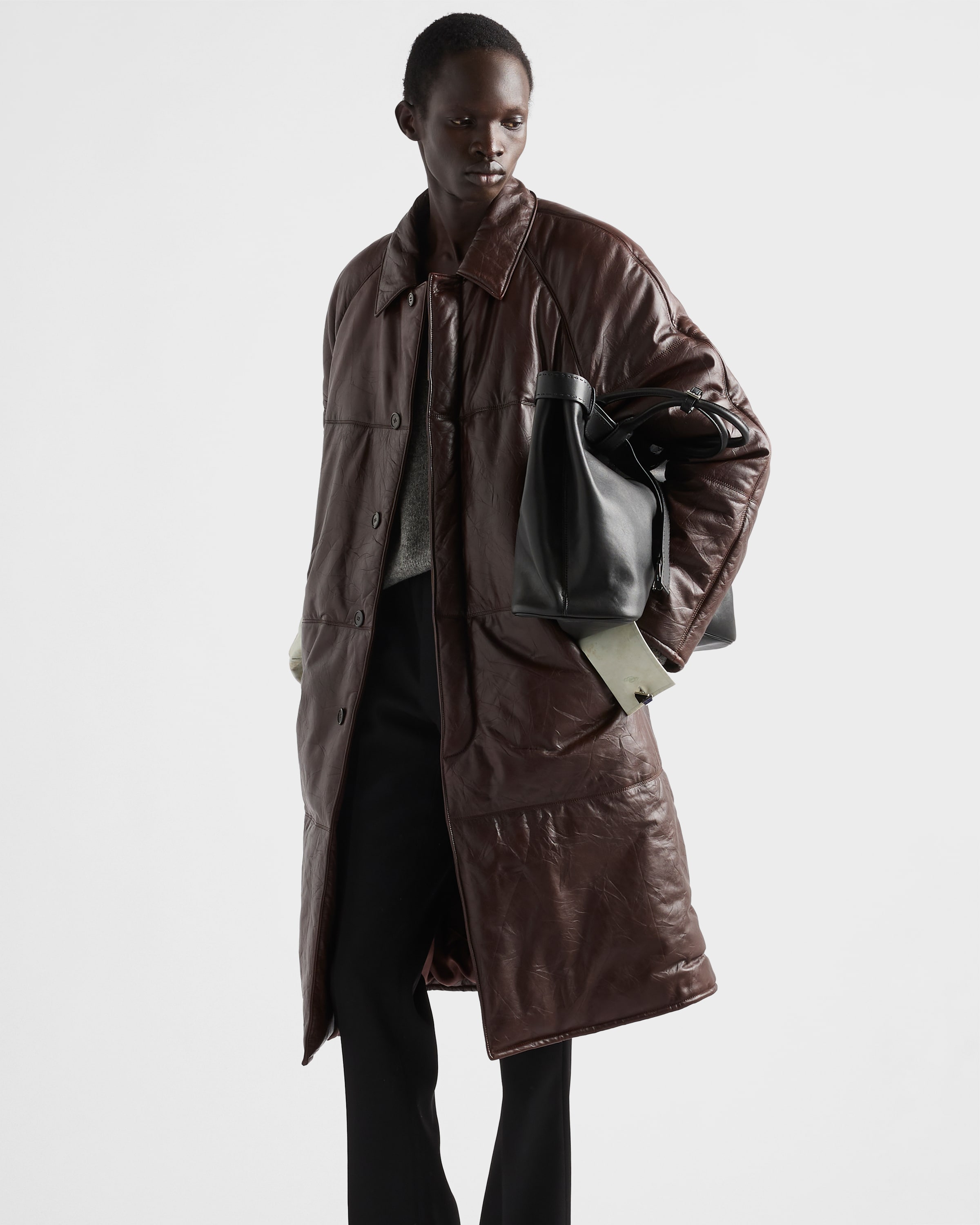 Cocoa Brown Padded Nappa Leather Coat | PRADA - United States
