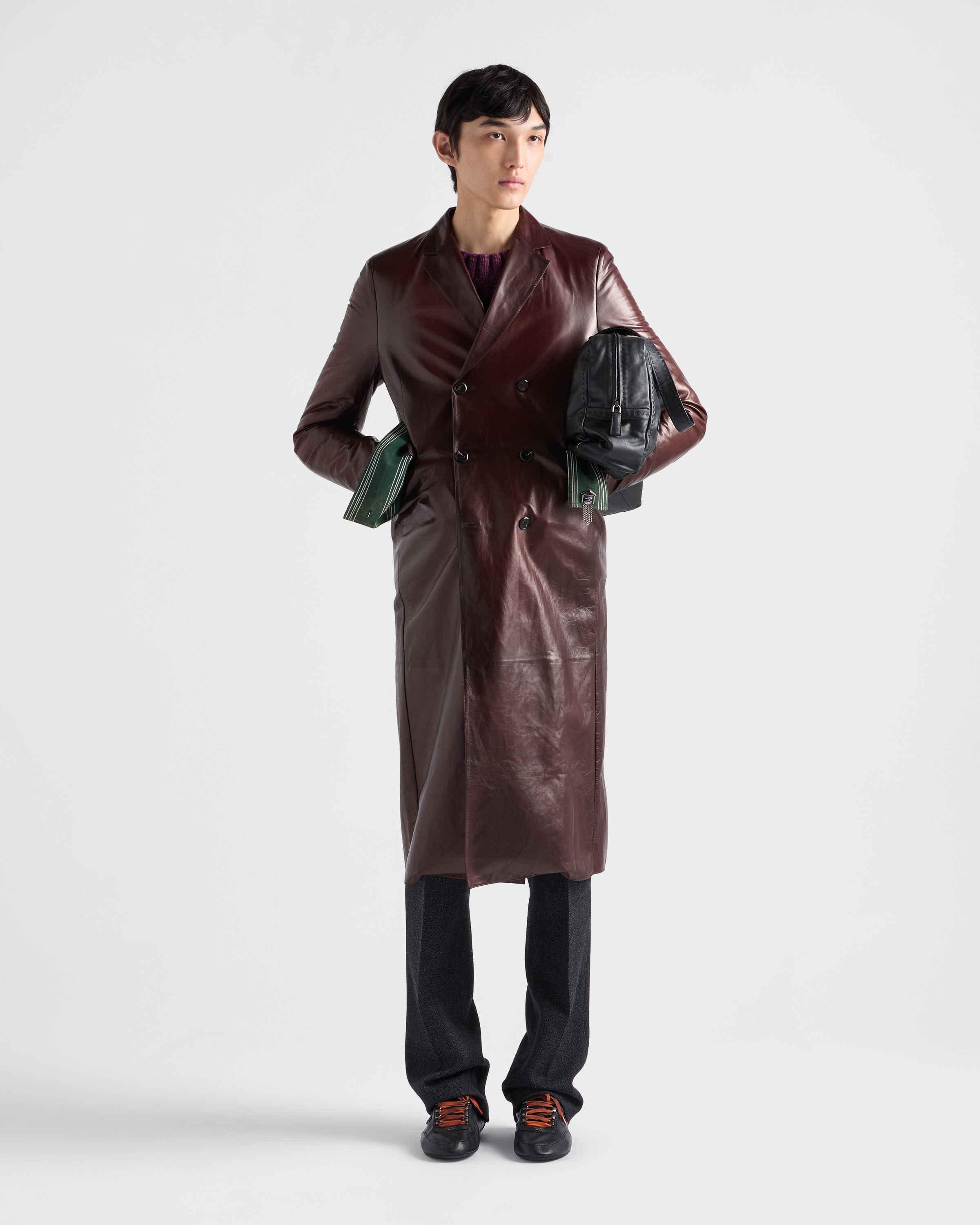 PRADA ダークブラウン レザー ロングコート ココアブラウン ダブルブレスト ナッパレザー コート | PRADA - 日本
