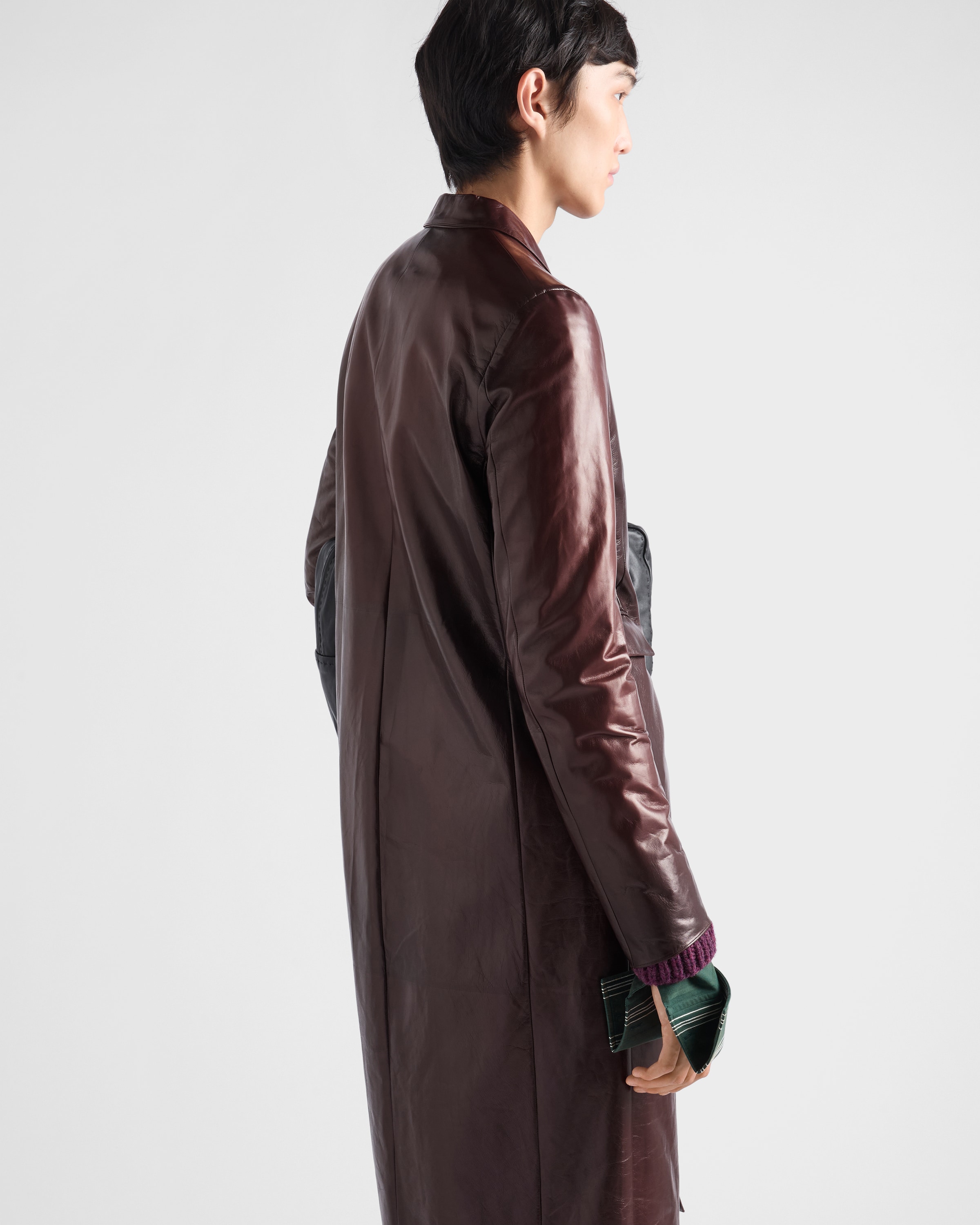 PRADA ダークブラウン レザー ロングコート Cocoa Brown Double