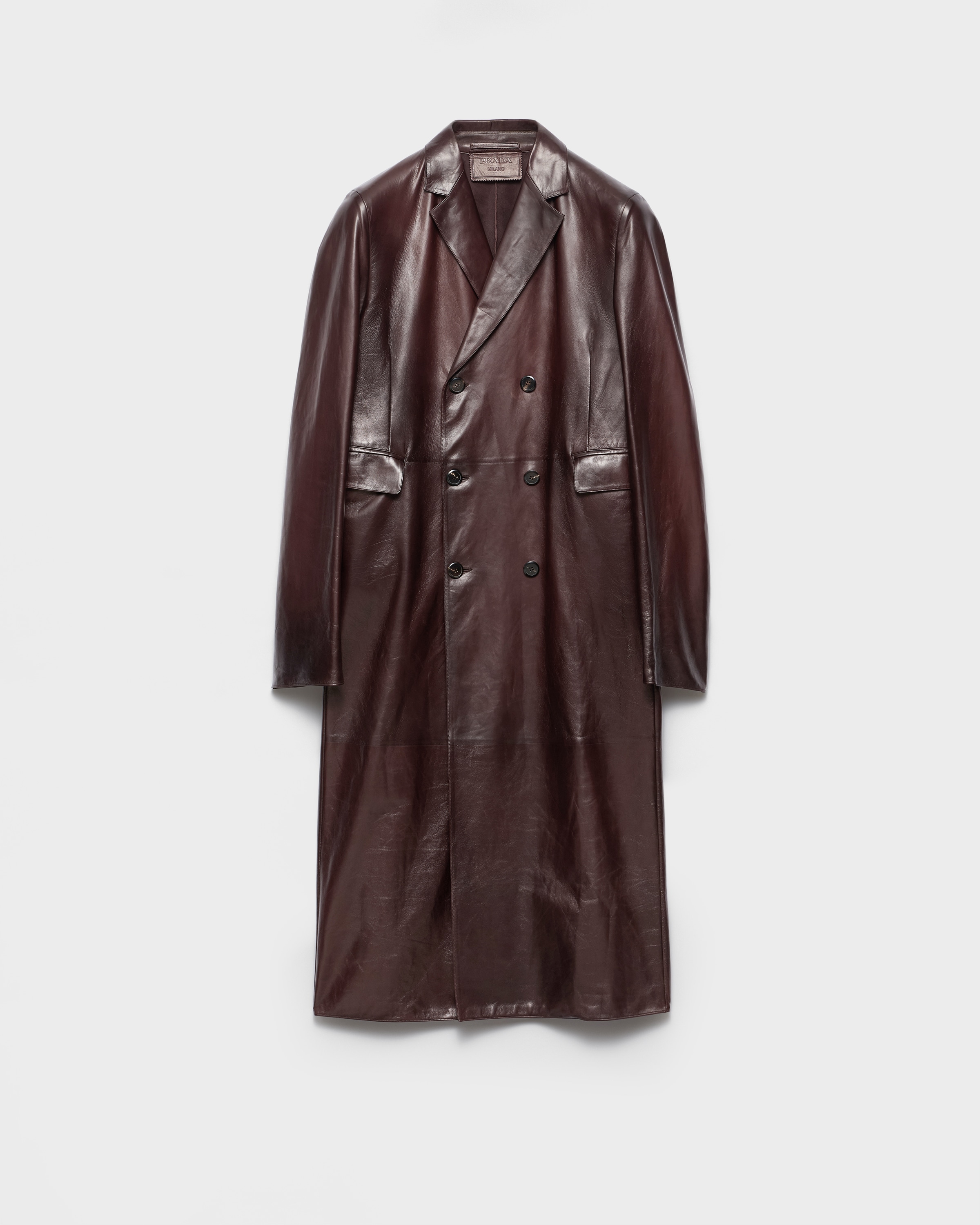 PRADA ダークブラウン レザー ロングコート Cocoa Brown Double-breasted Nappa Leather Coat | PRADA - United States