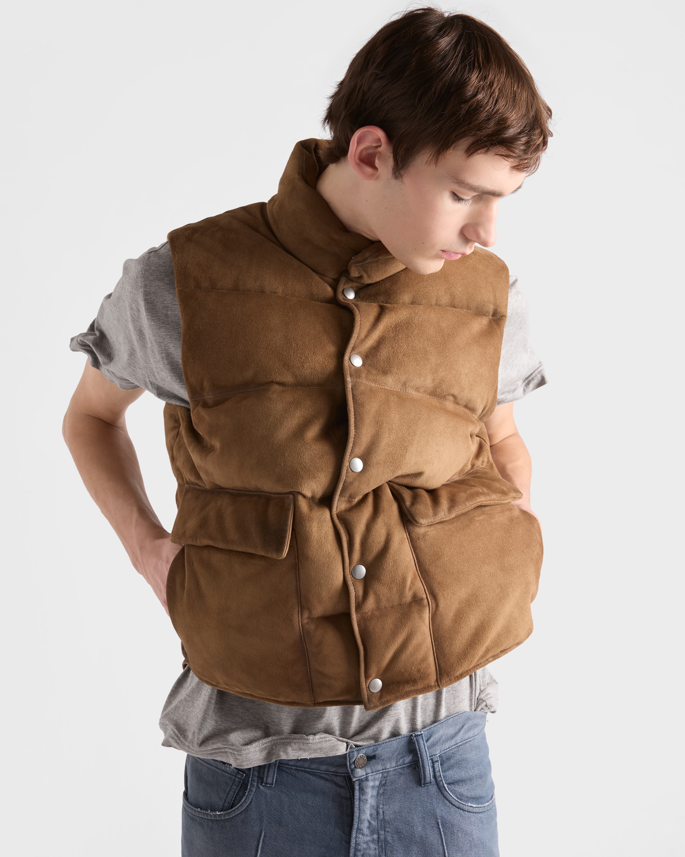 Light Brown Suede down vest | PRADA