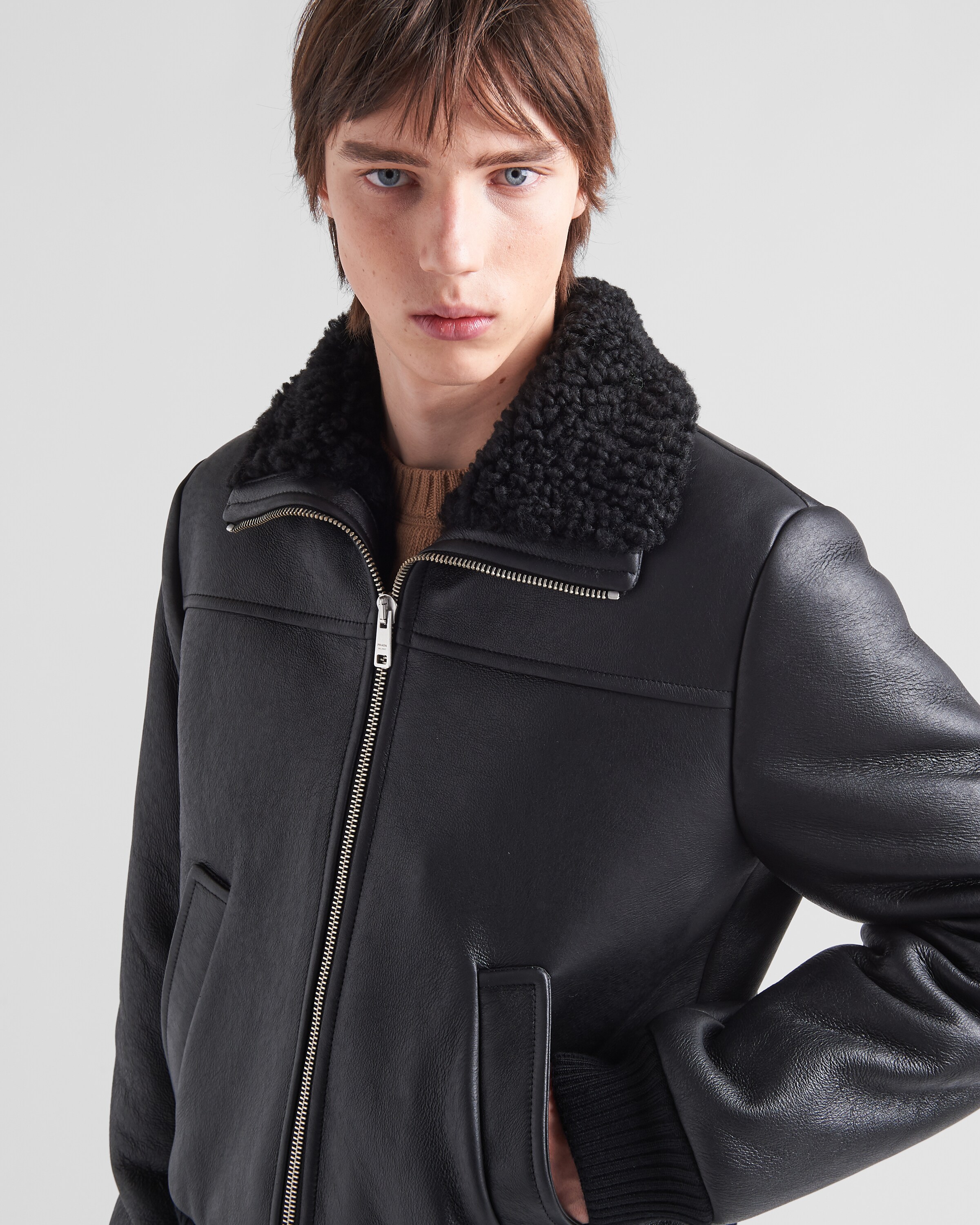 thumbnail image 2 of Andrew Marc New York Brown 100% Leather Bomber Jacket – Shearling, Men's S-XXL, NWT $795 2 of 5