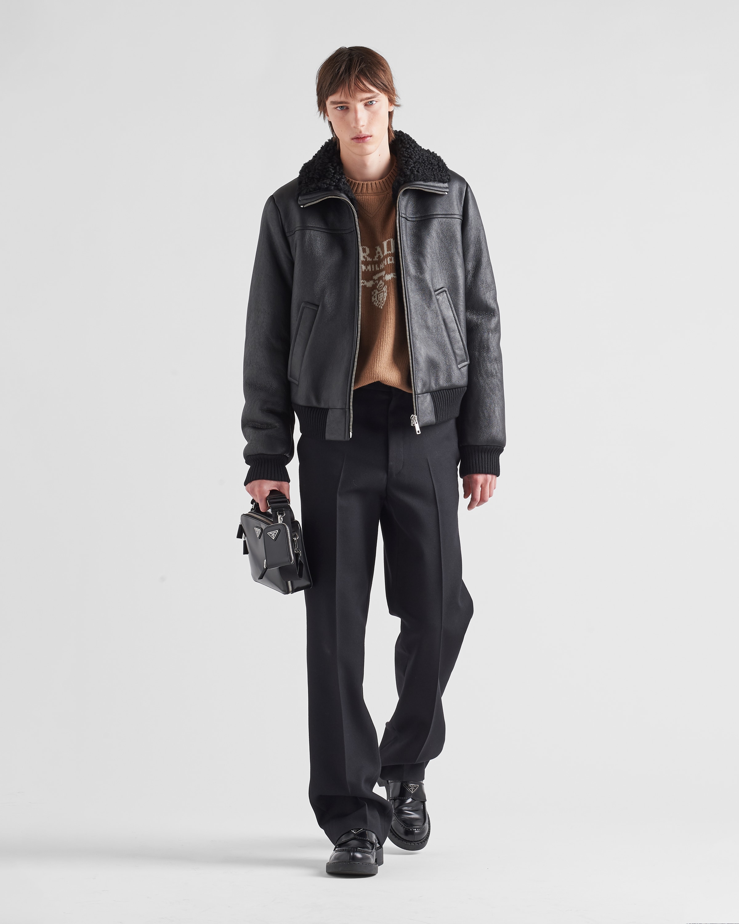 Black/black Shearling bomber jacket | Prada