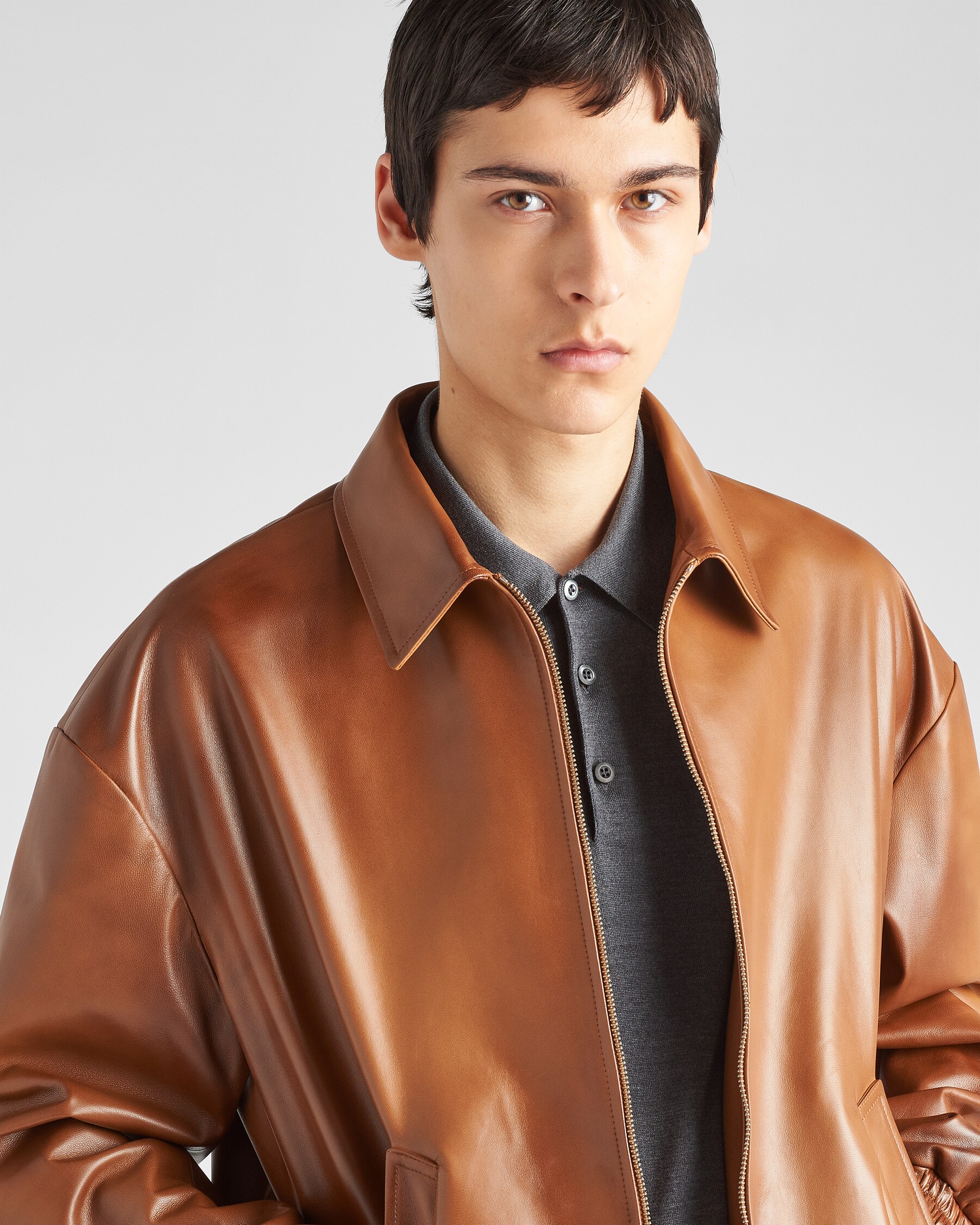 Caramel Oversized Nappa Leather Bomber Jacket PRADA
