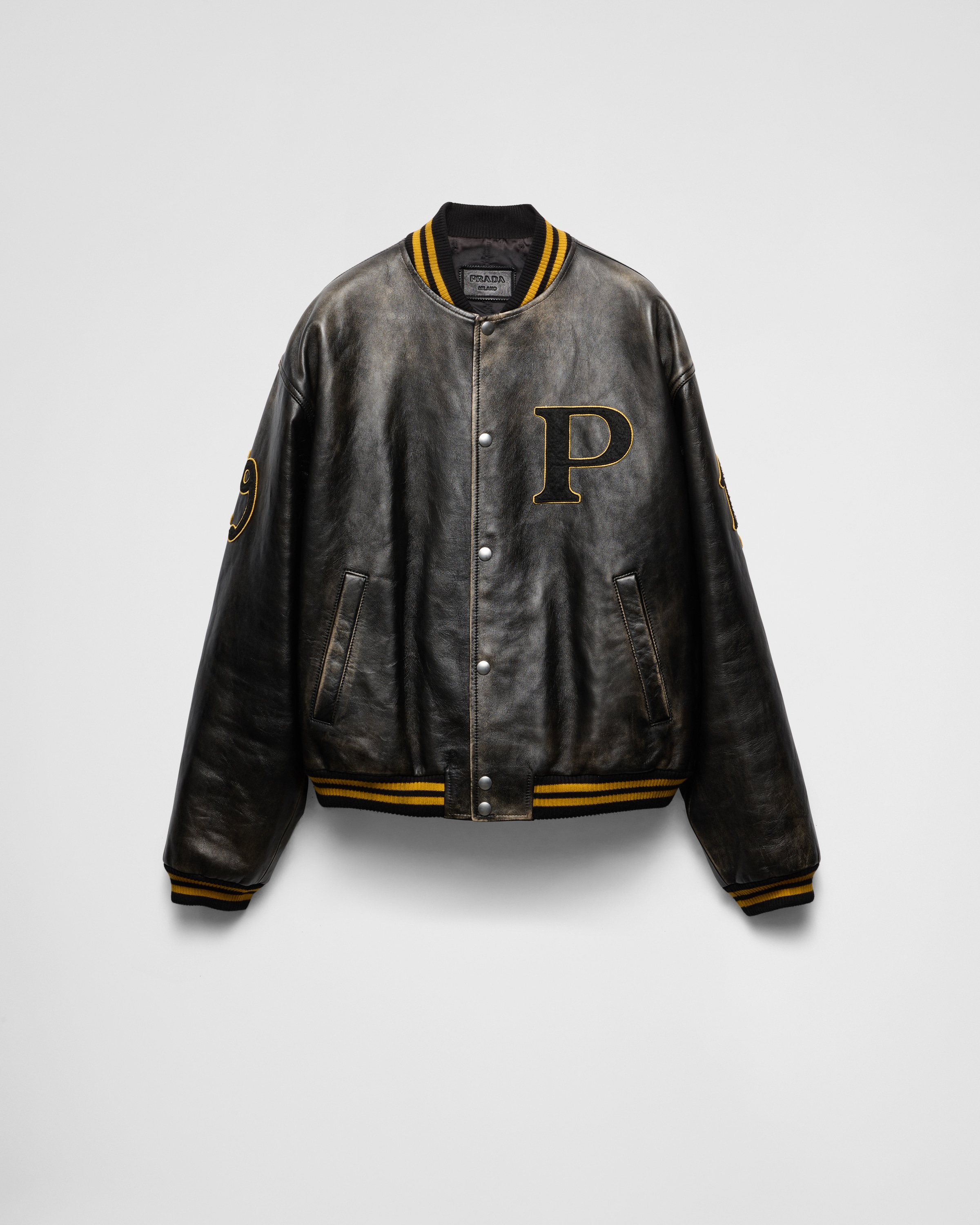 Black Padded Leather Bomber Jacket PRADA