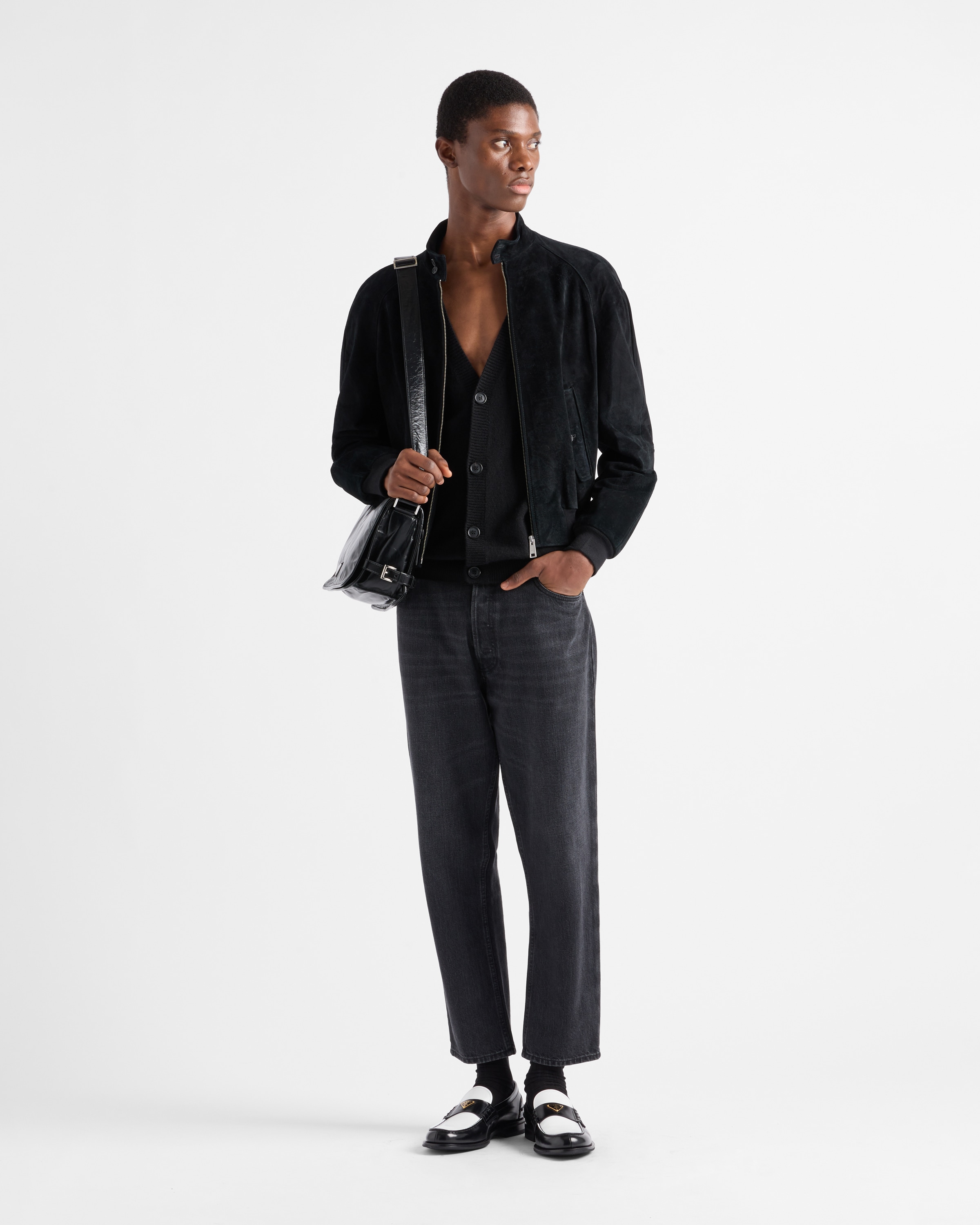 Prada Long-sleeved Leather Jacket In Black