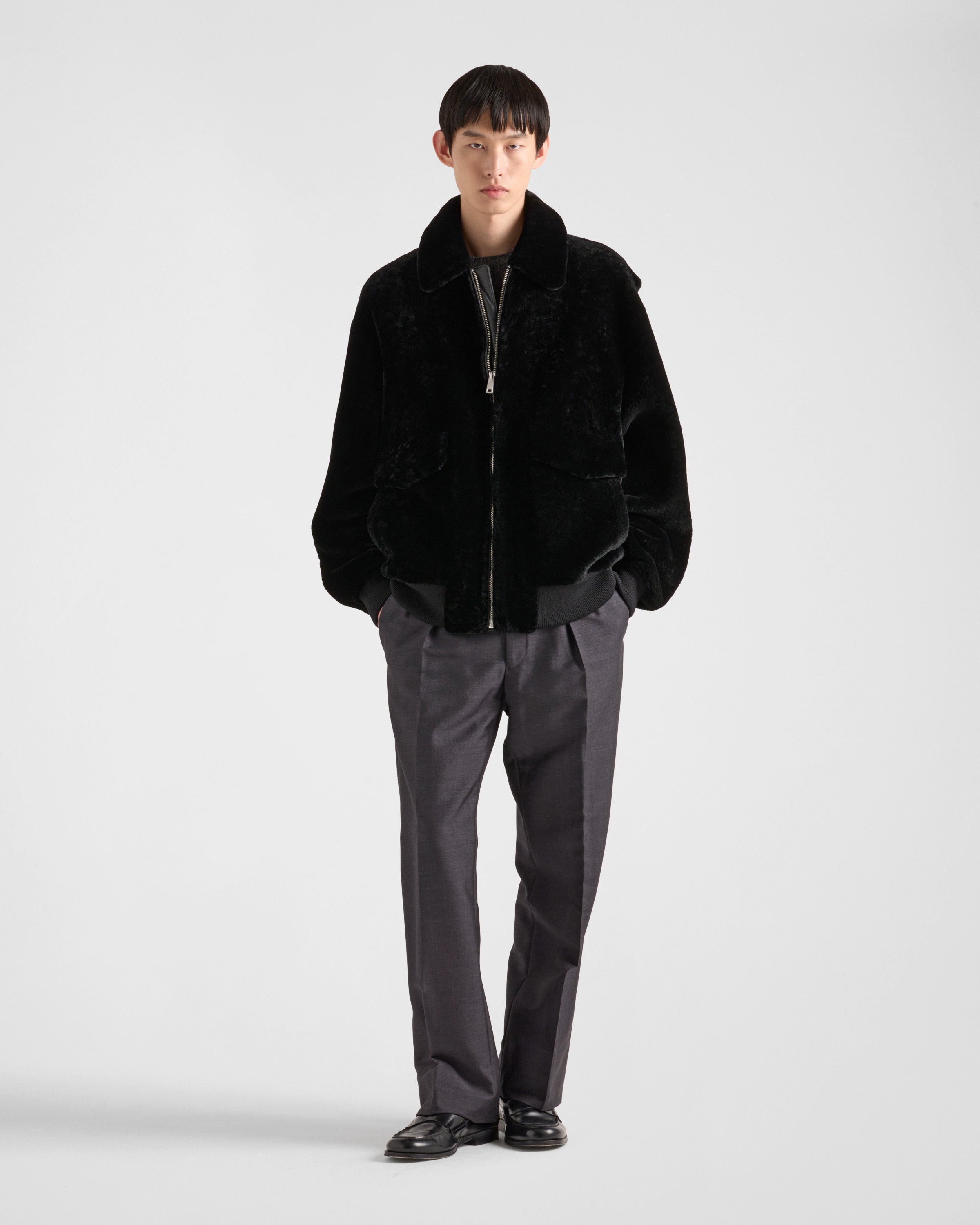 Prada Shearling Bomber Jacket In Black