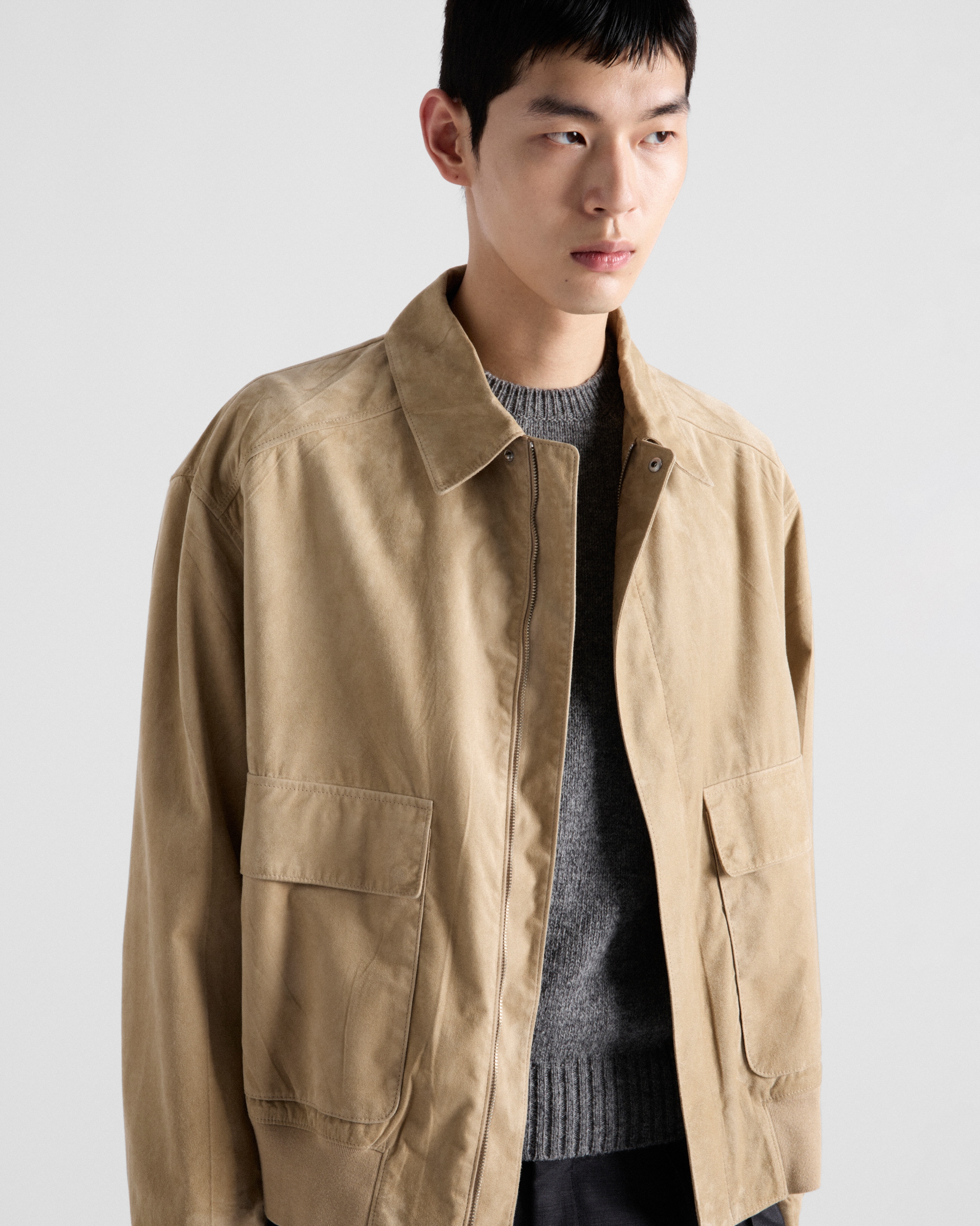 Safari/Black Suede and cotton bomber jacket | PRADA