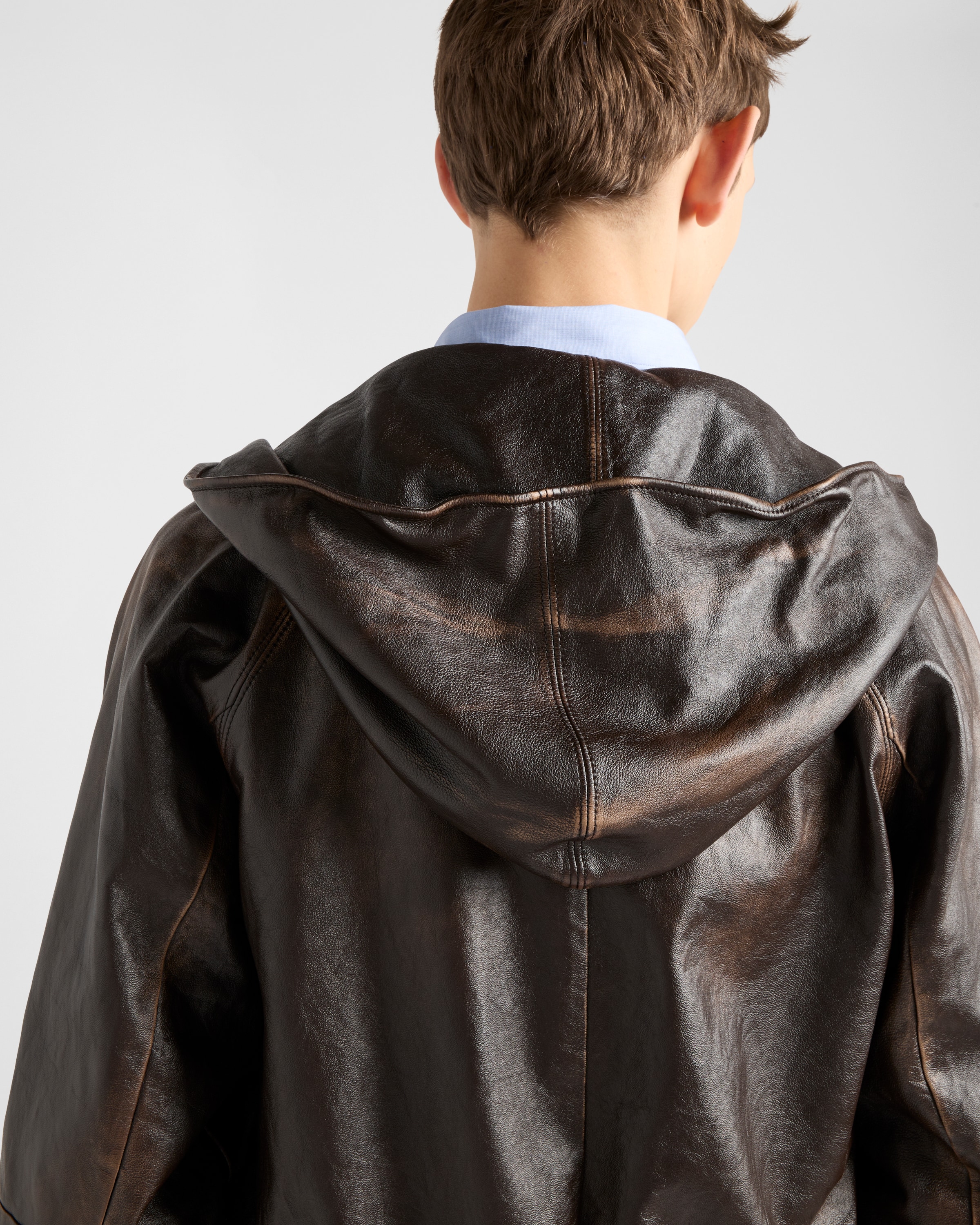 Dark Brown Nappa Leather Hoodie Jacket | PRADA