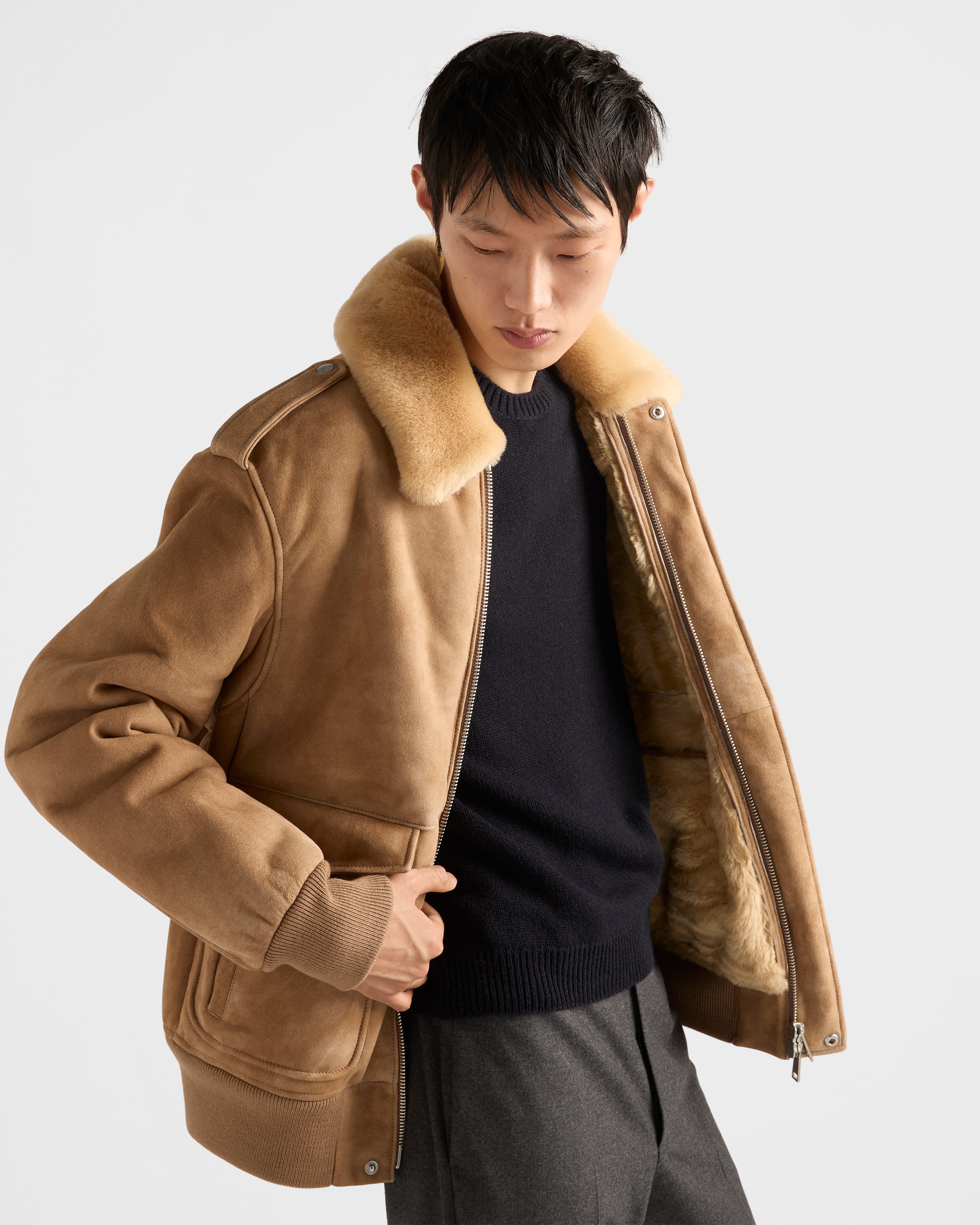 Suede and shearling bomber jacket