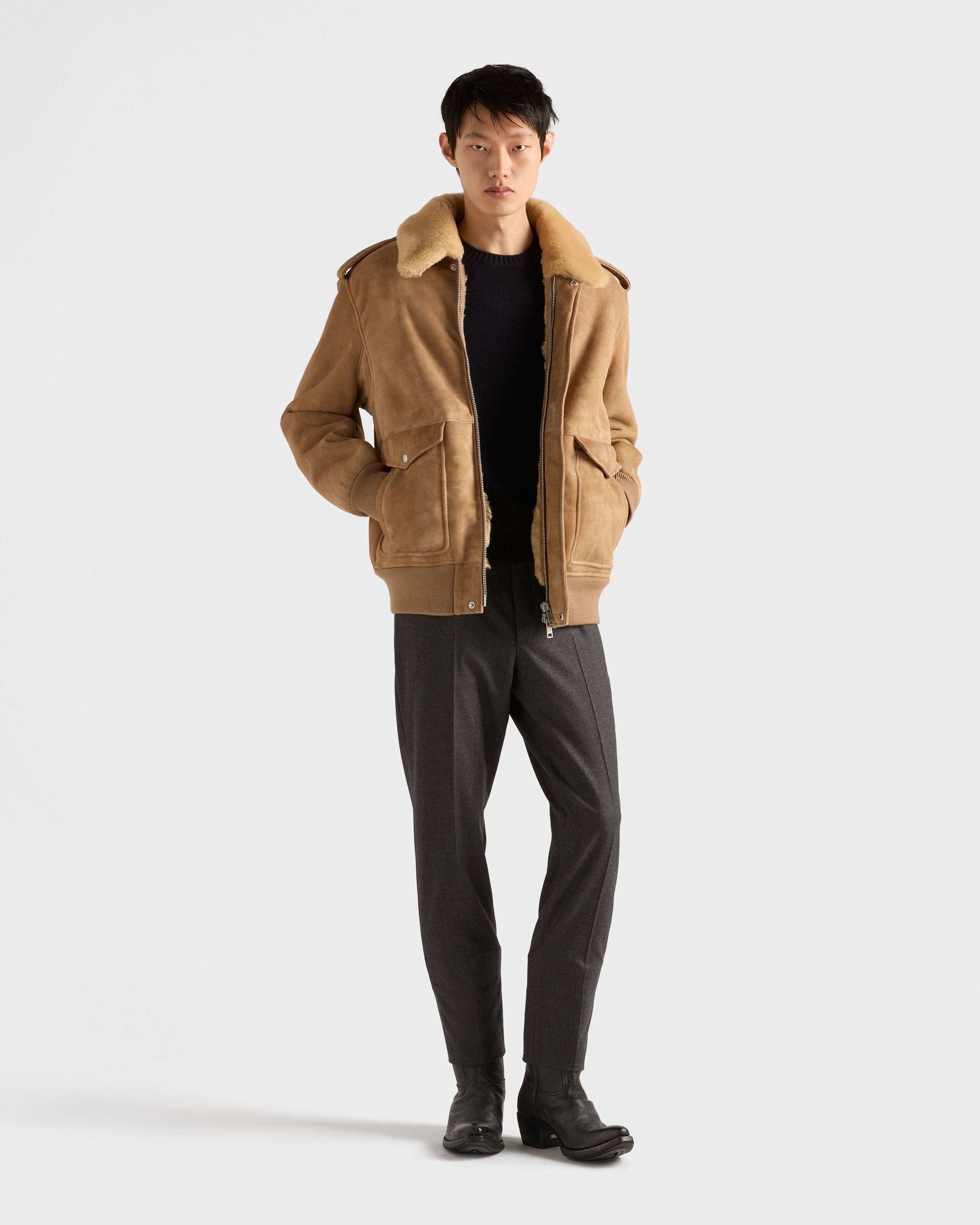 Suede and shearling bomber jacket