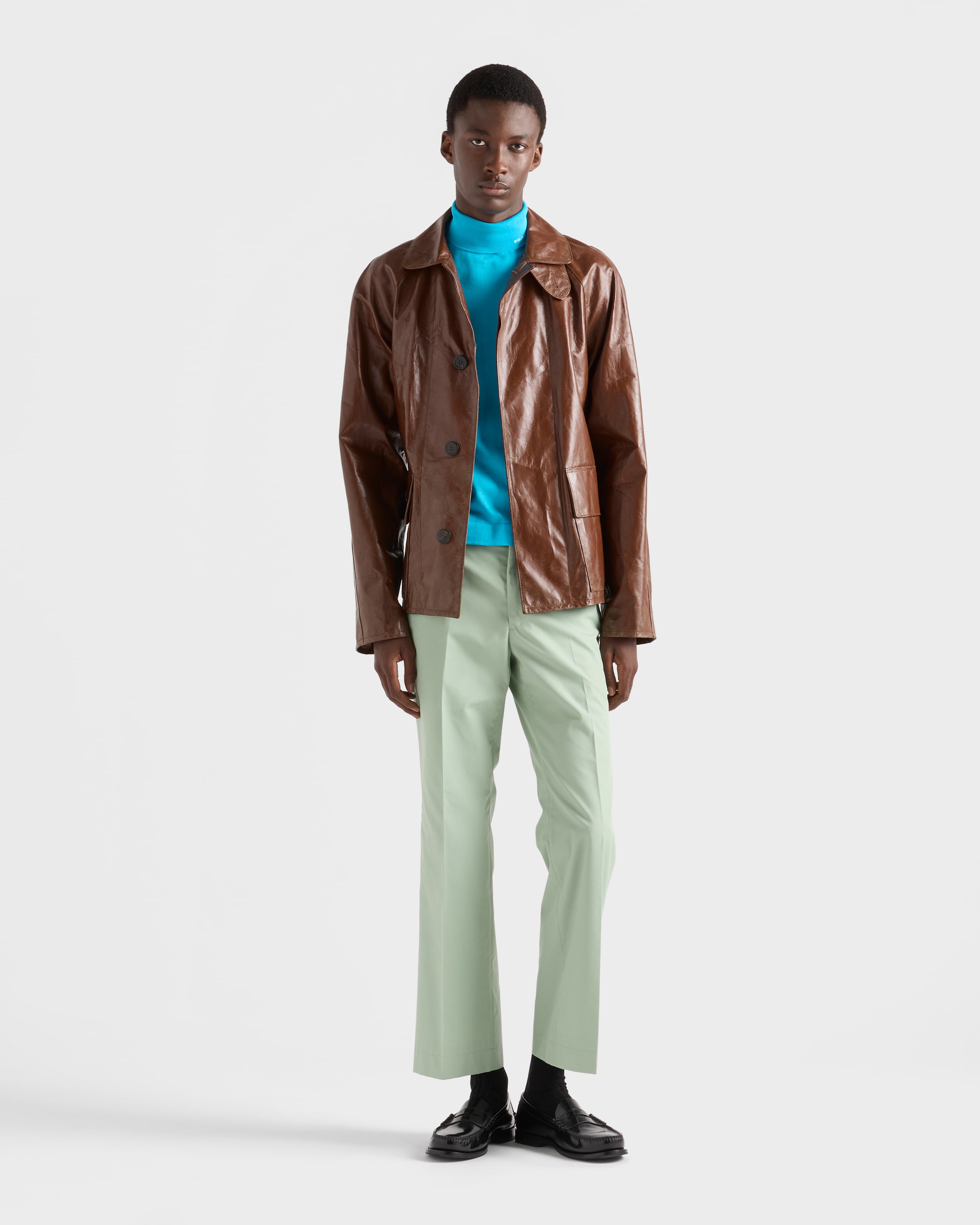 PRADA ブラウン ジャケット 38 ブルゾン　イタリア製　ナイロン　レザー ブラウン ヴィンテージ加工レザー ブルゾンジャケット | PRADA