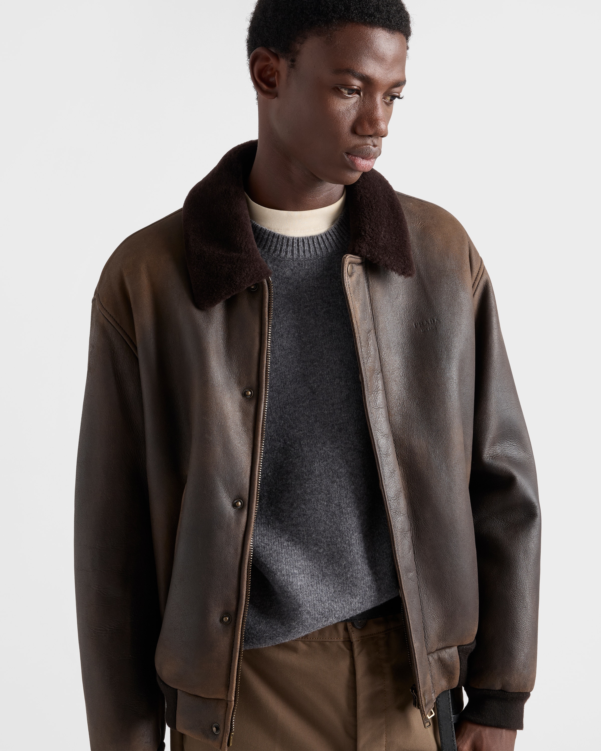 Dark Brown Shearling Bomber Jacket | PRADA - Turkey