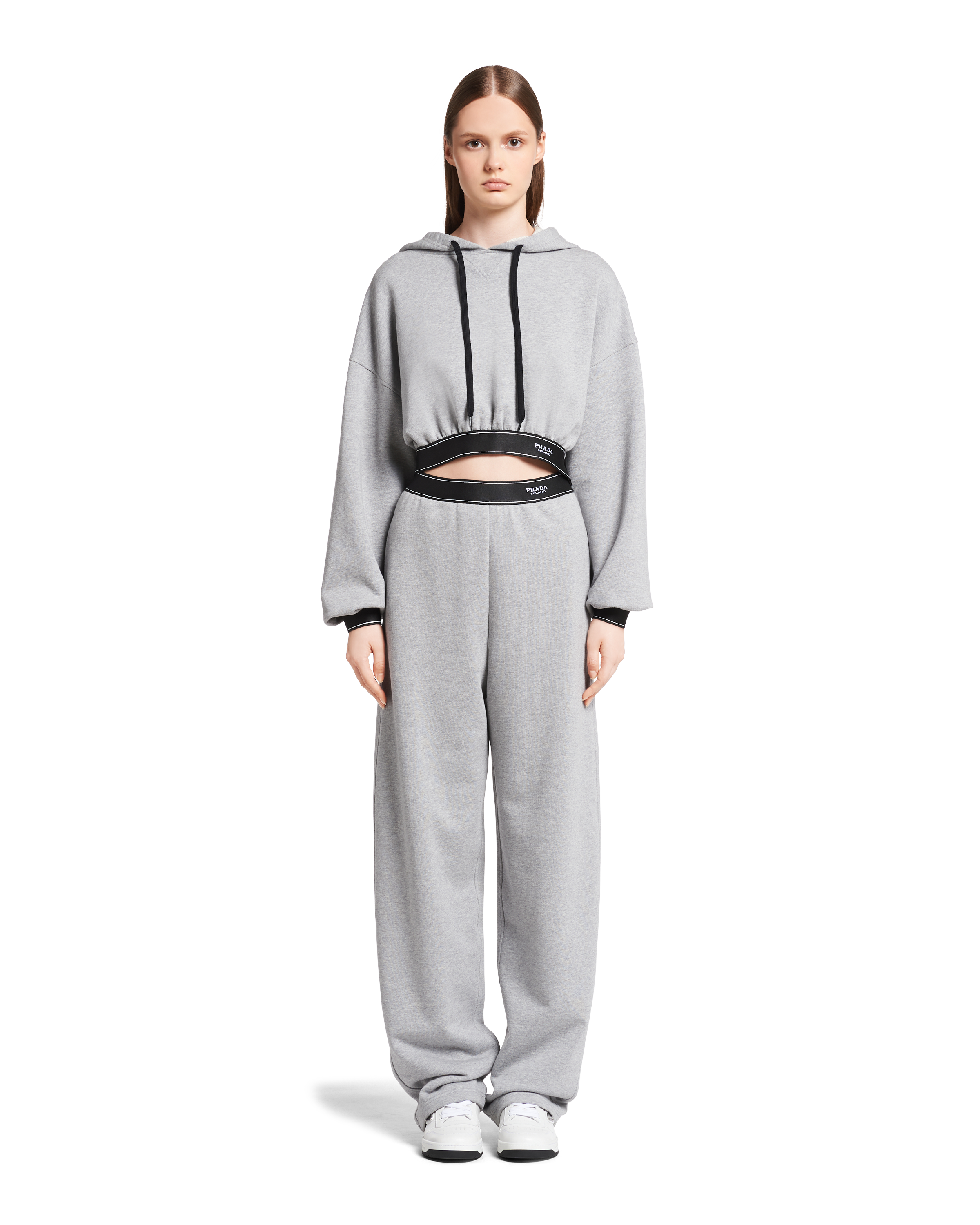 Grey Cotton Cropped Hoodie | PRADA