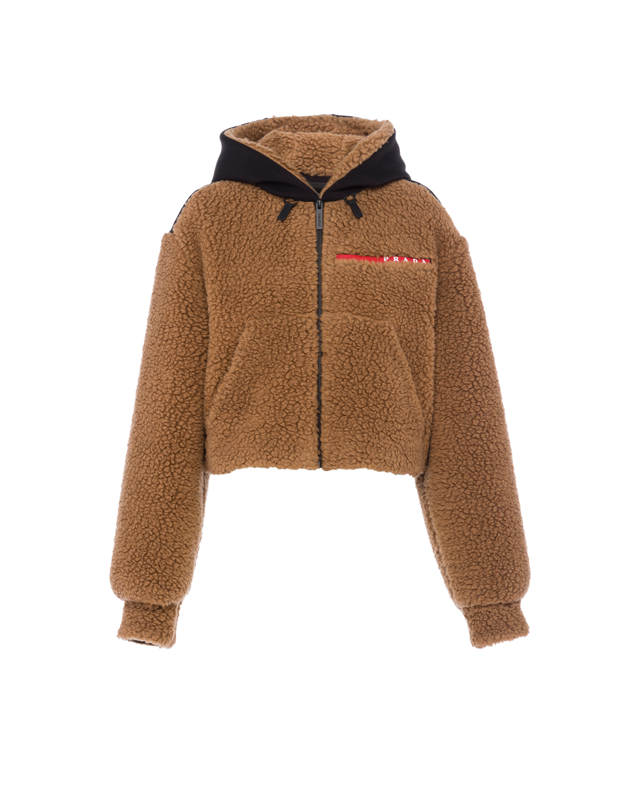 Prada Cropped Double Fleece Jacket In Camel/black