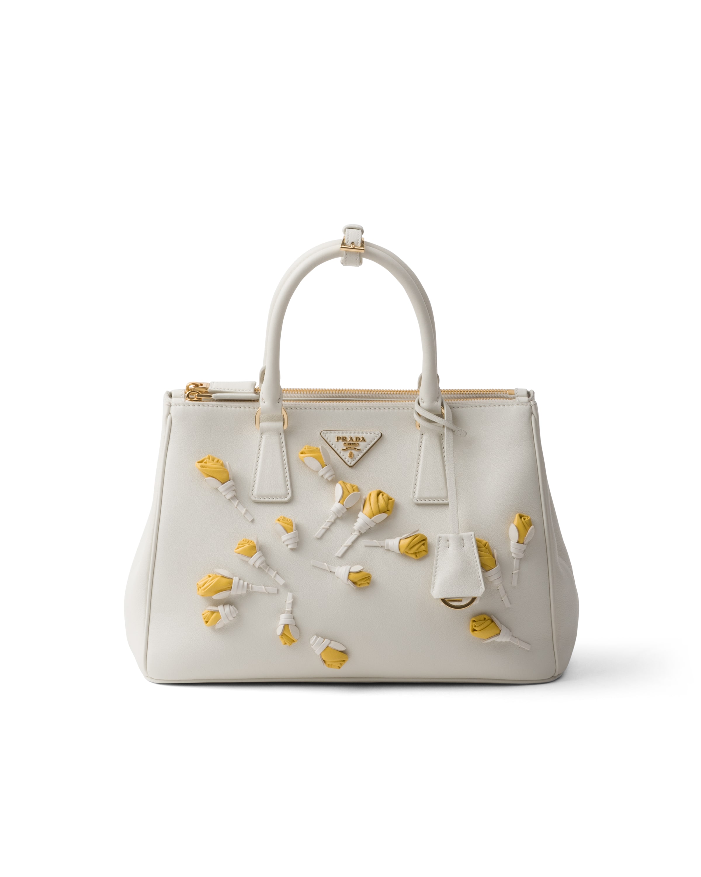 Borsa Prada Galleria Large In Pelle Con Applicazioni Floreali, Donna, Bianco/sole