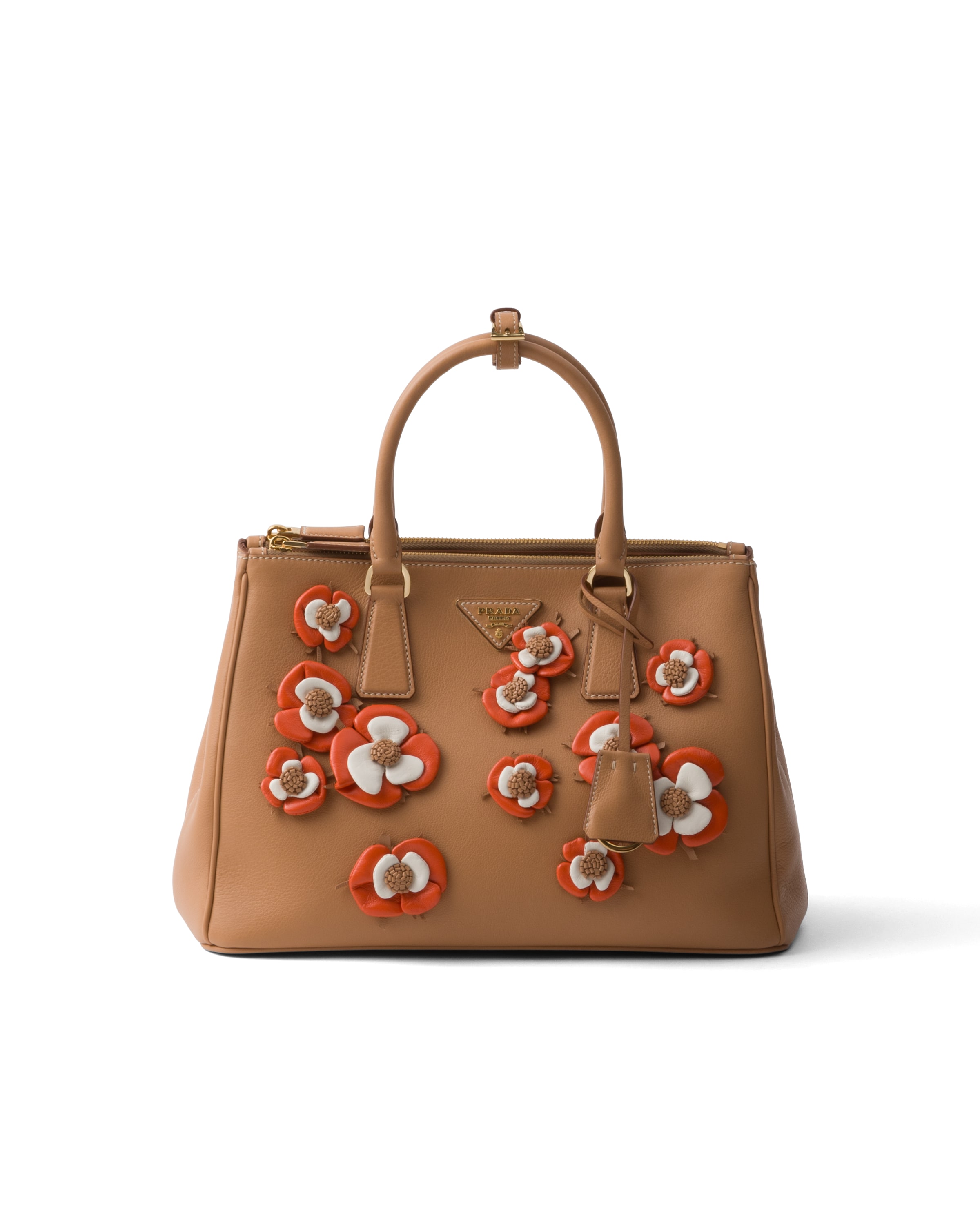 Borsa Prada Galleria Large In Pelle Con Applicazioni Floreali, Donna, Naturale/arancio