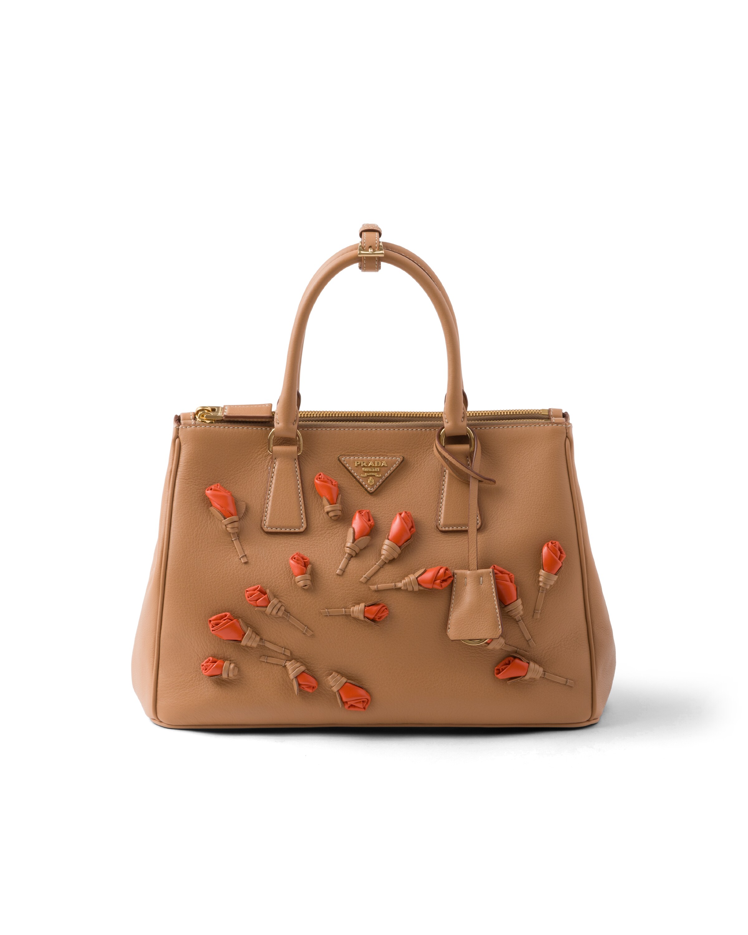 Große Prada Galleria Tasche Aus Leder Mit Blumenapplikationen, Damen, Natur/orange