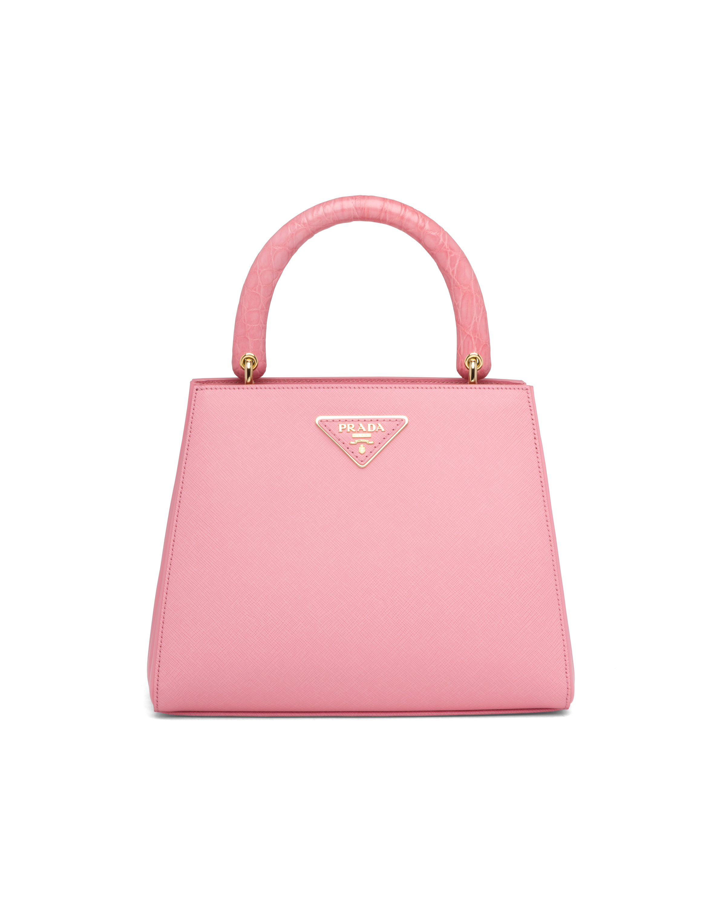 ピンク サフィアーノレザーxクロコダイルレザー ハンドバッグ Prada