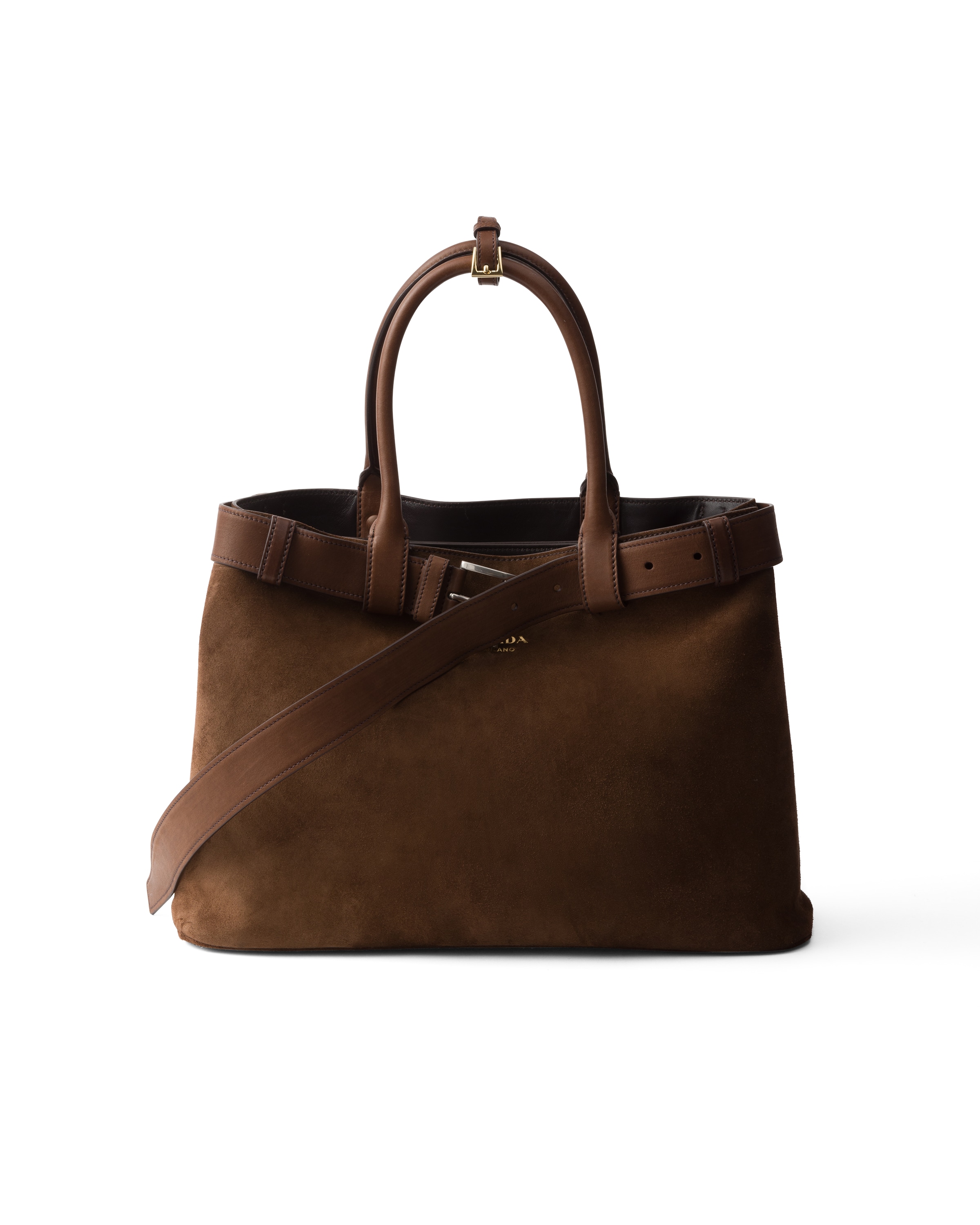 Borsa Prada Buckle Large In Pelle Scamosciata Con Cintura, Donna, Cacao