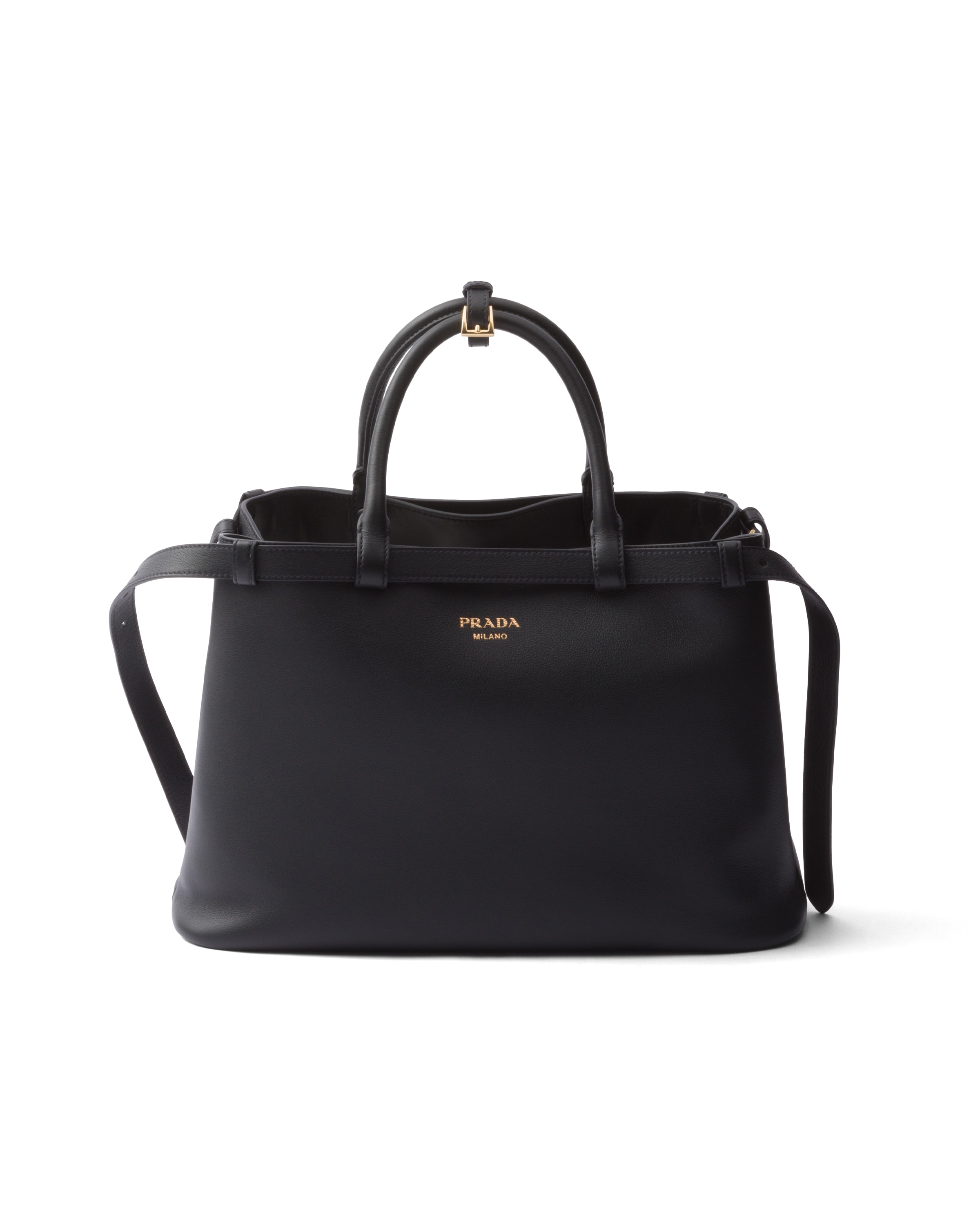 Mittelgroße Prada Buckle Handtasche Aus Leder Mit Doppeltem Gürtel, Damen, Schwarz