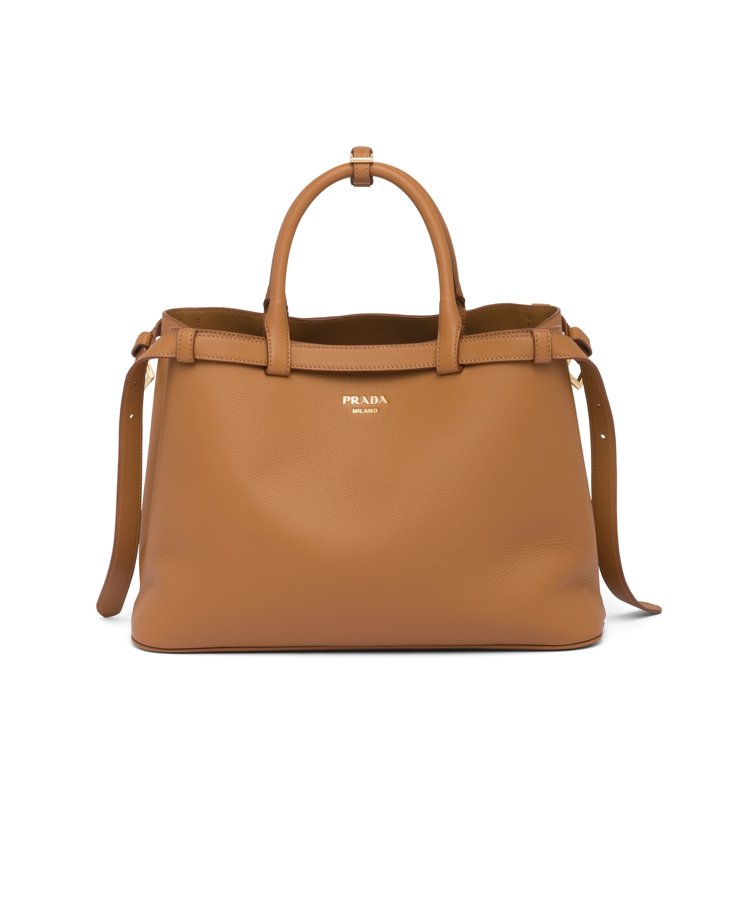 Prada Buckle Medium Leather Handbag With Double Belt, Women, Caramel