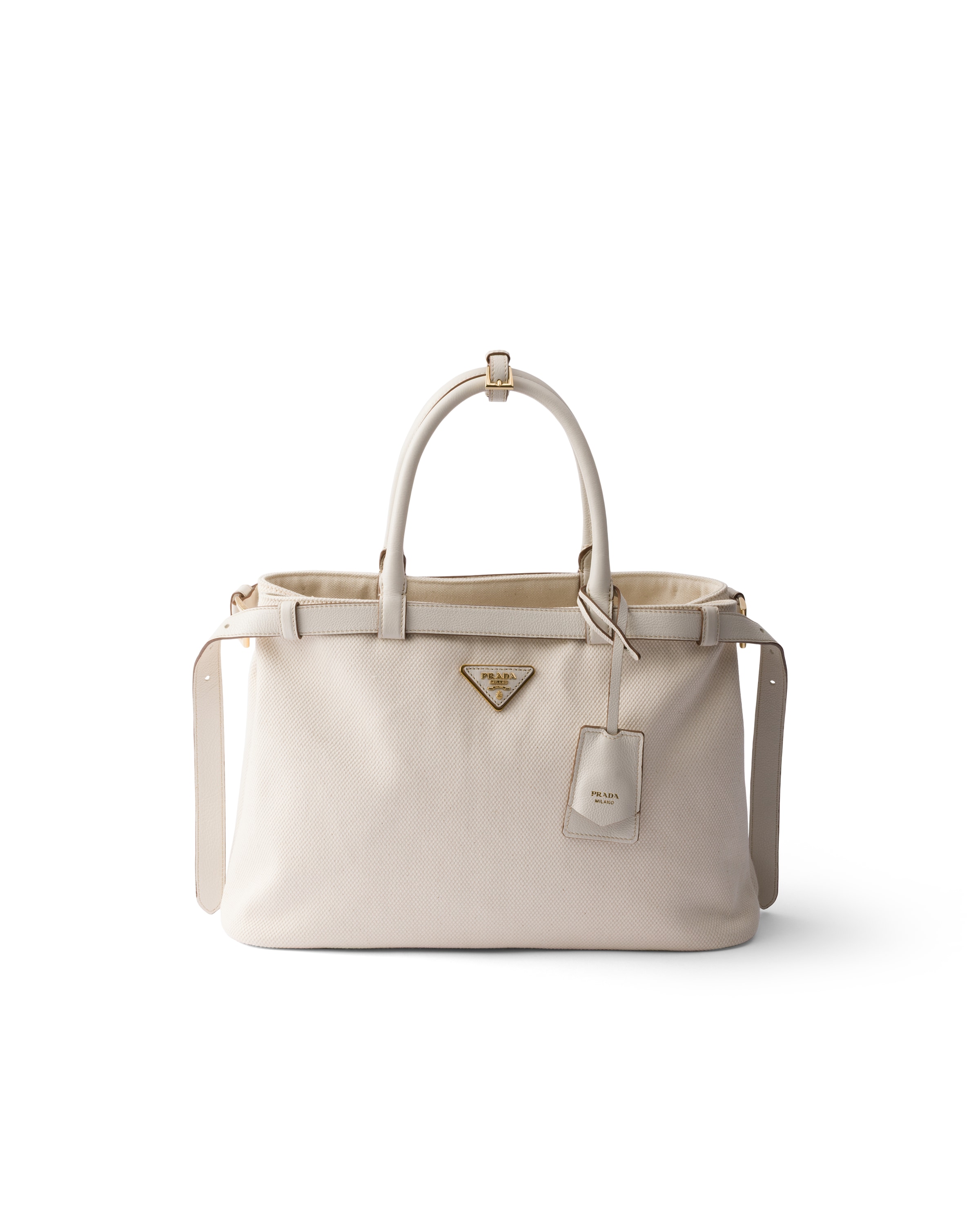 Prada Buckle Medium Cotton Canvas And Leather Bag, Woman, White