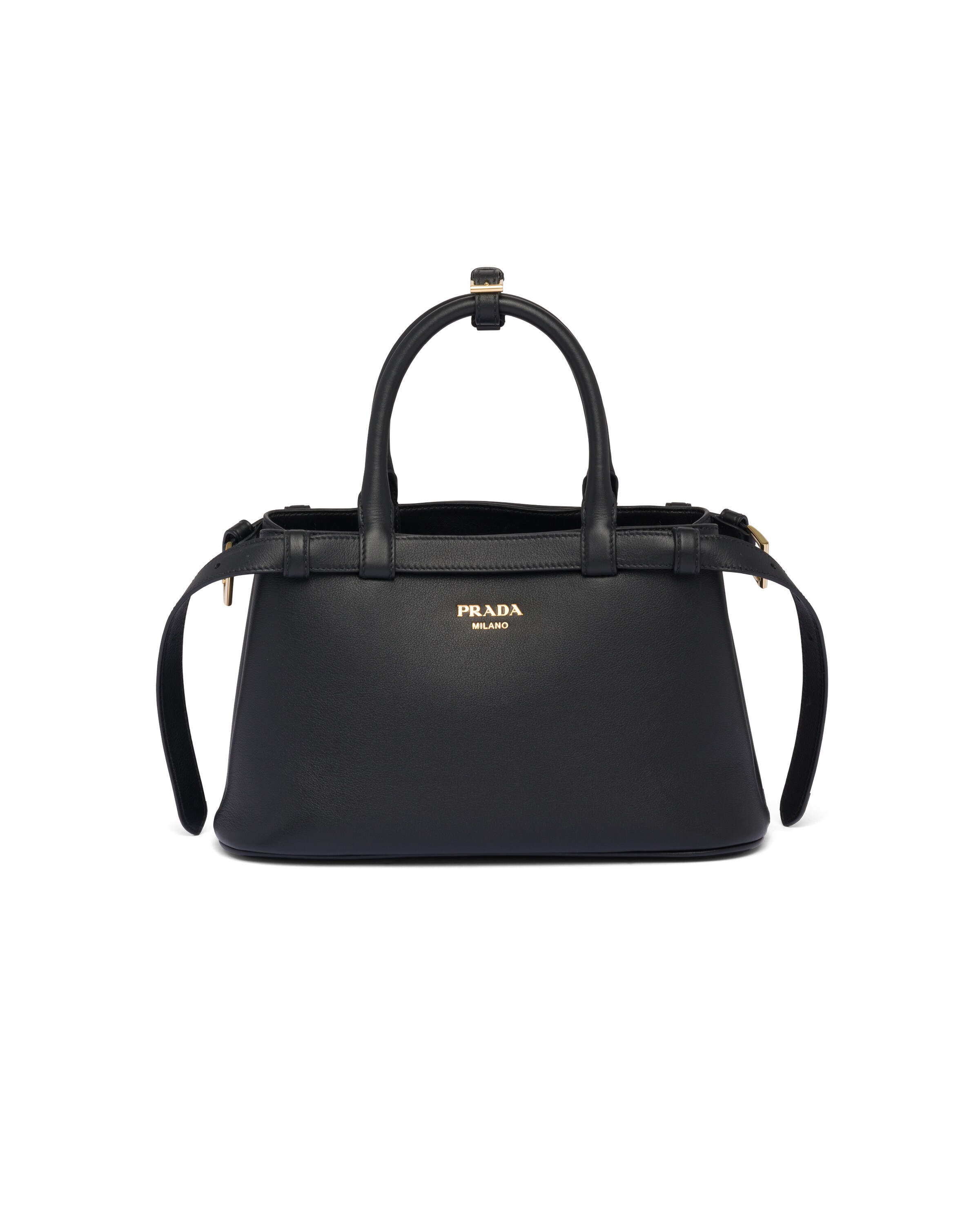 Kleine Prada Buckle Handtasche Aus Leder Mit Doppeltem Gürtel, Damen, Schwarz