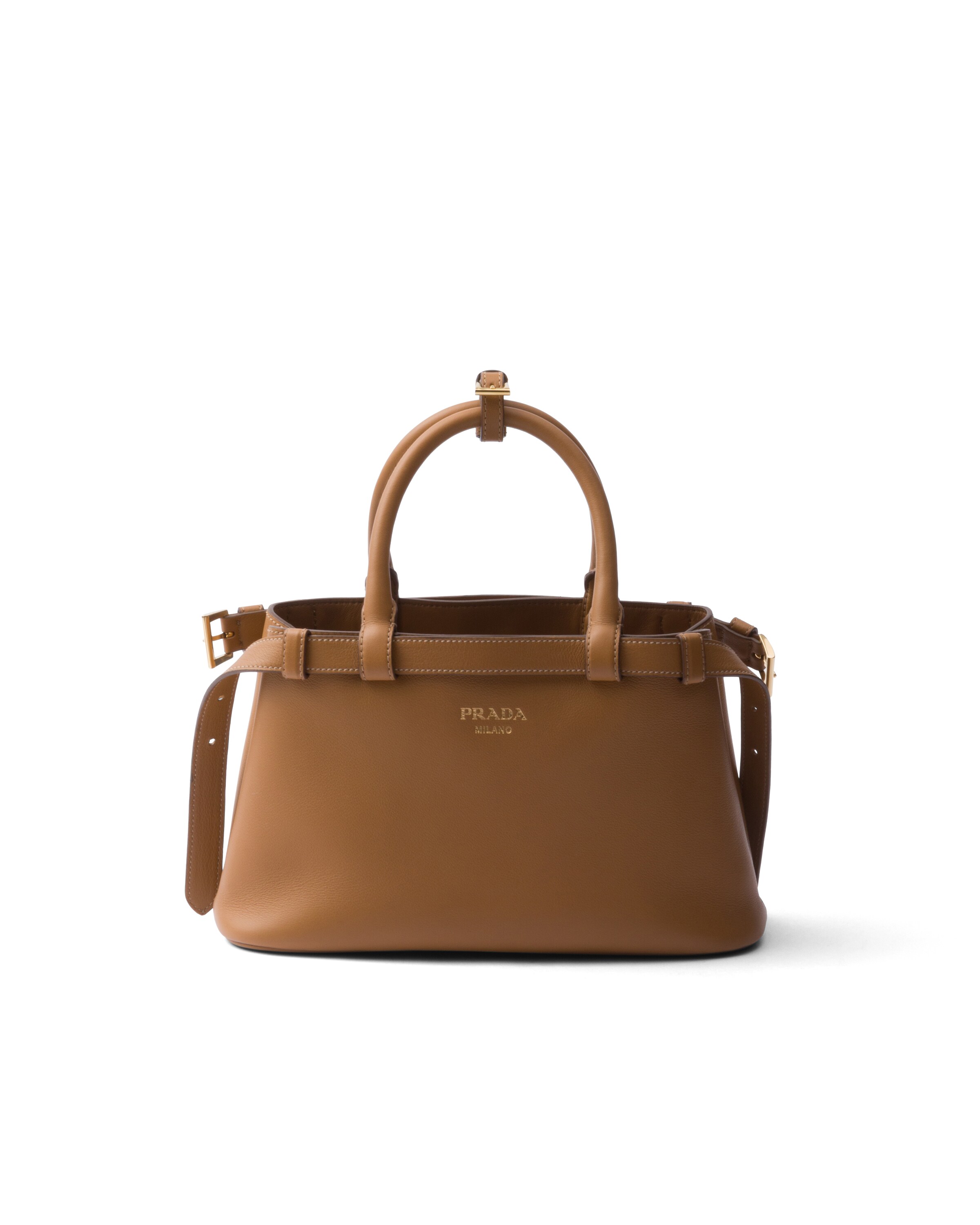 Kleine Prada Buckle Handtasche Aus Leder Mit Doppeltem Gürtel, Damen, Karamell