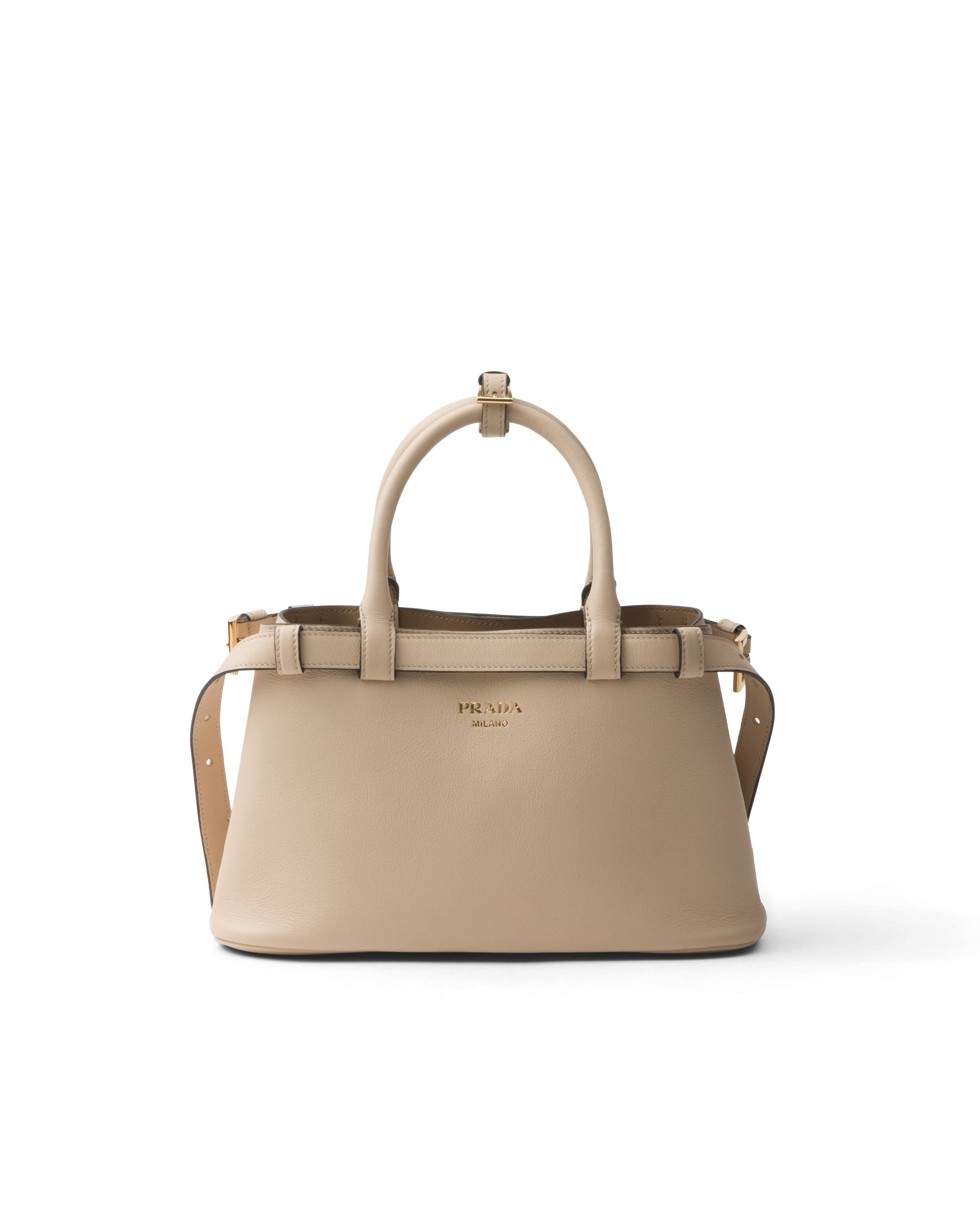 Prada Buckle Small Leather Handbag With Double Belt, Woman, Travertine Stone