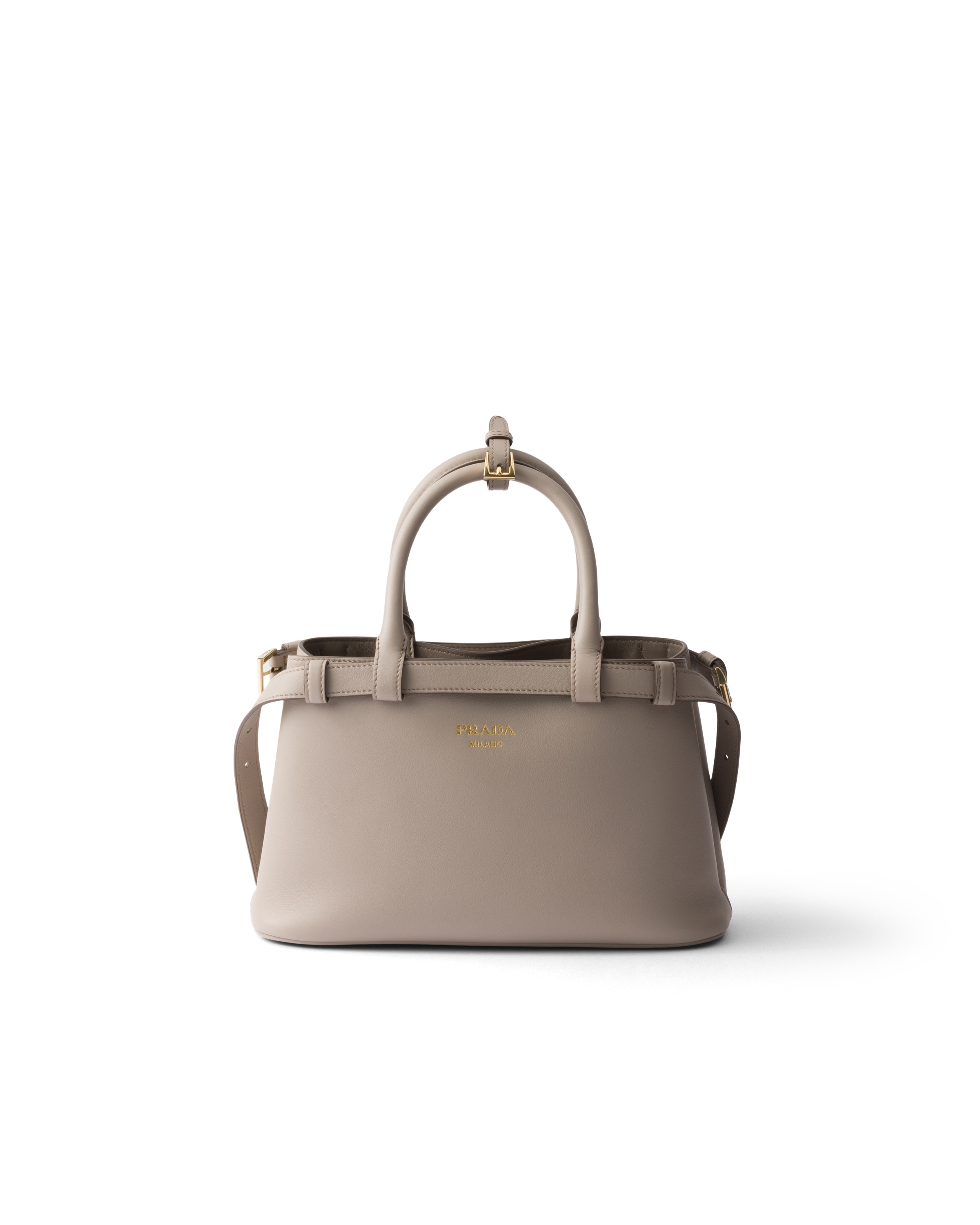 Prada Buckle Small Leather Handbag With Double Belt, Woman, Pumice Stone