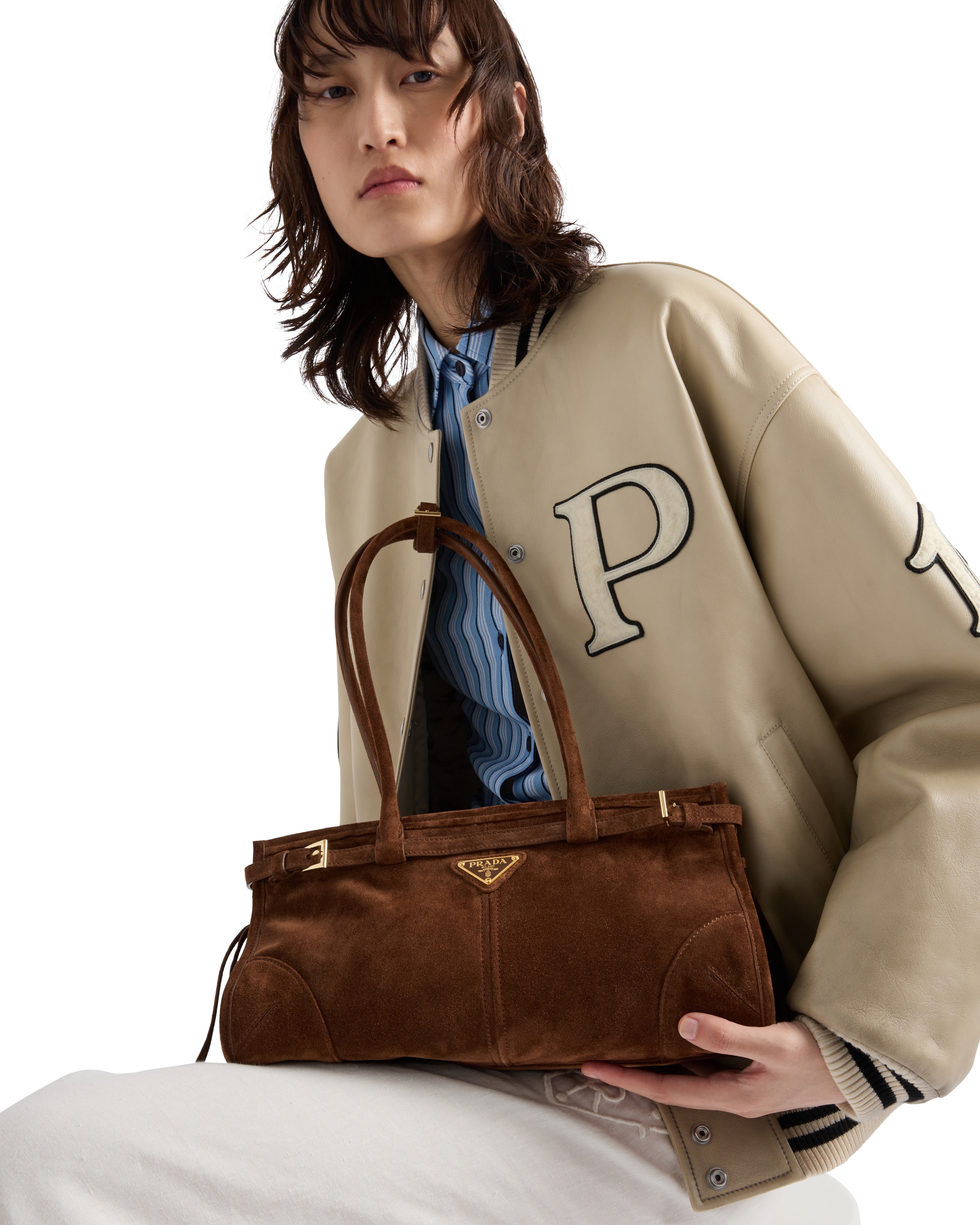 Prada Suede Shoulder Handbag With Adjustable Strap In Brown
