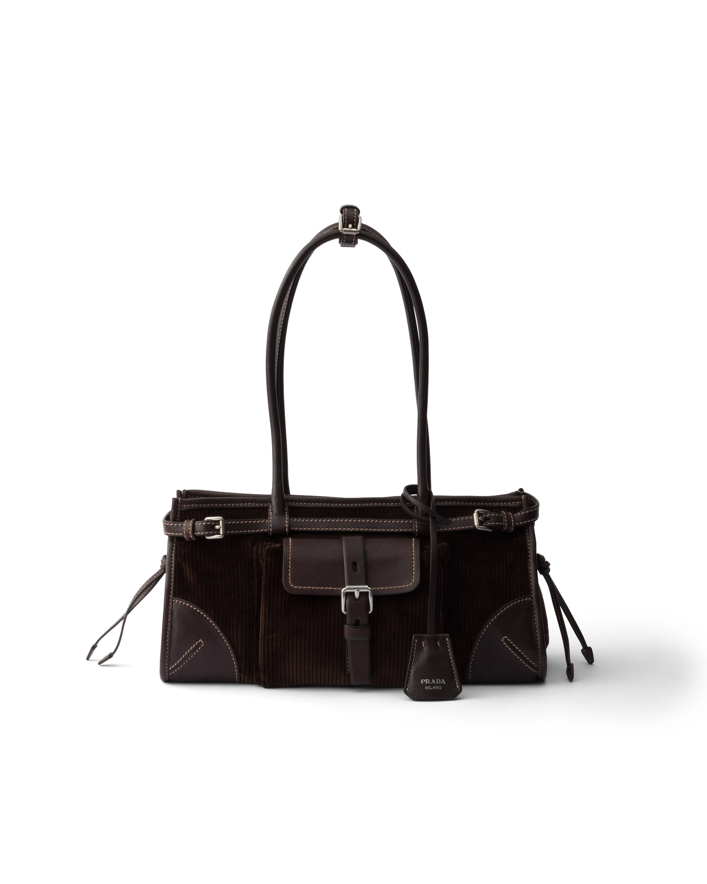 Prada Bonnie Medium Corduroy And Leather Handbag In Ebony