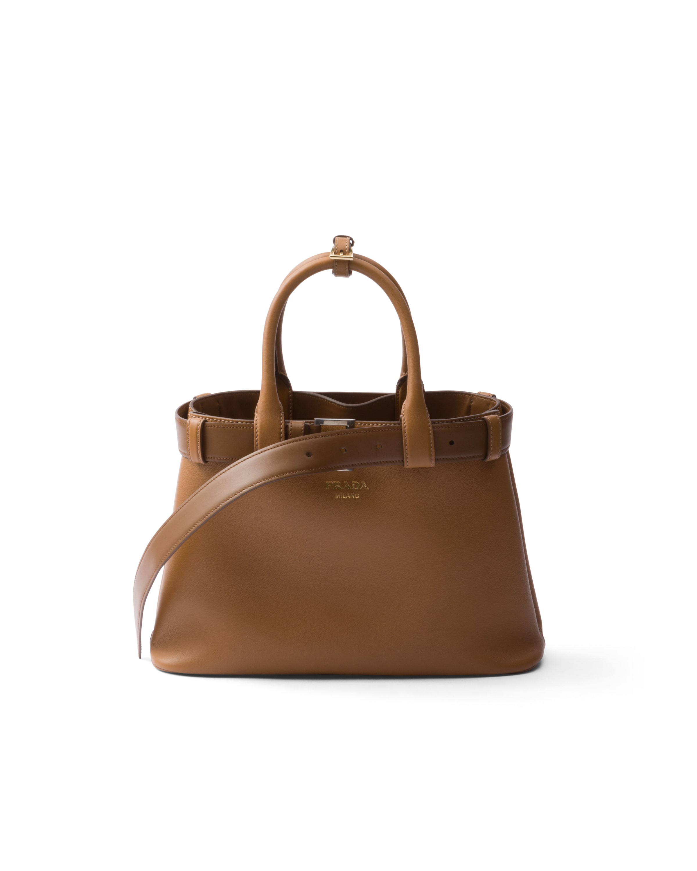 Prada Buckle Small Leather Handbag With Belt, Women, Caramel