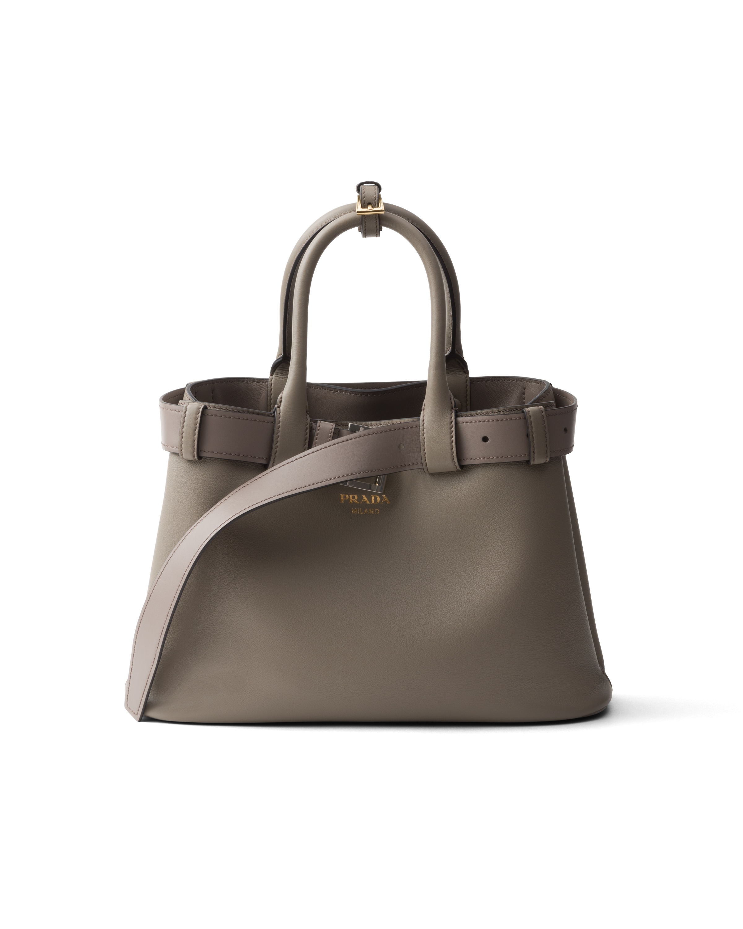 Petit Sac À Main Prada Buckle En Cuir Avec Bandoulière, Femme, Gris Argile