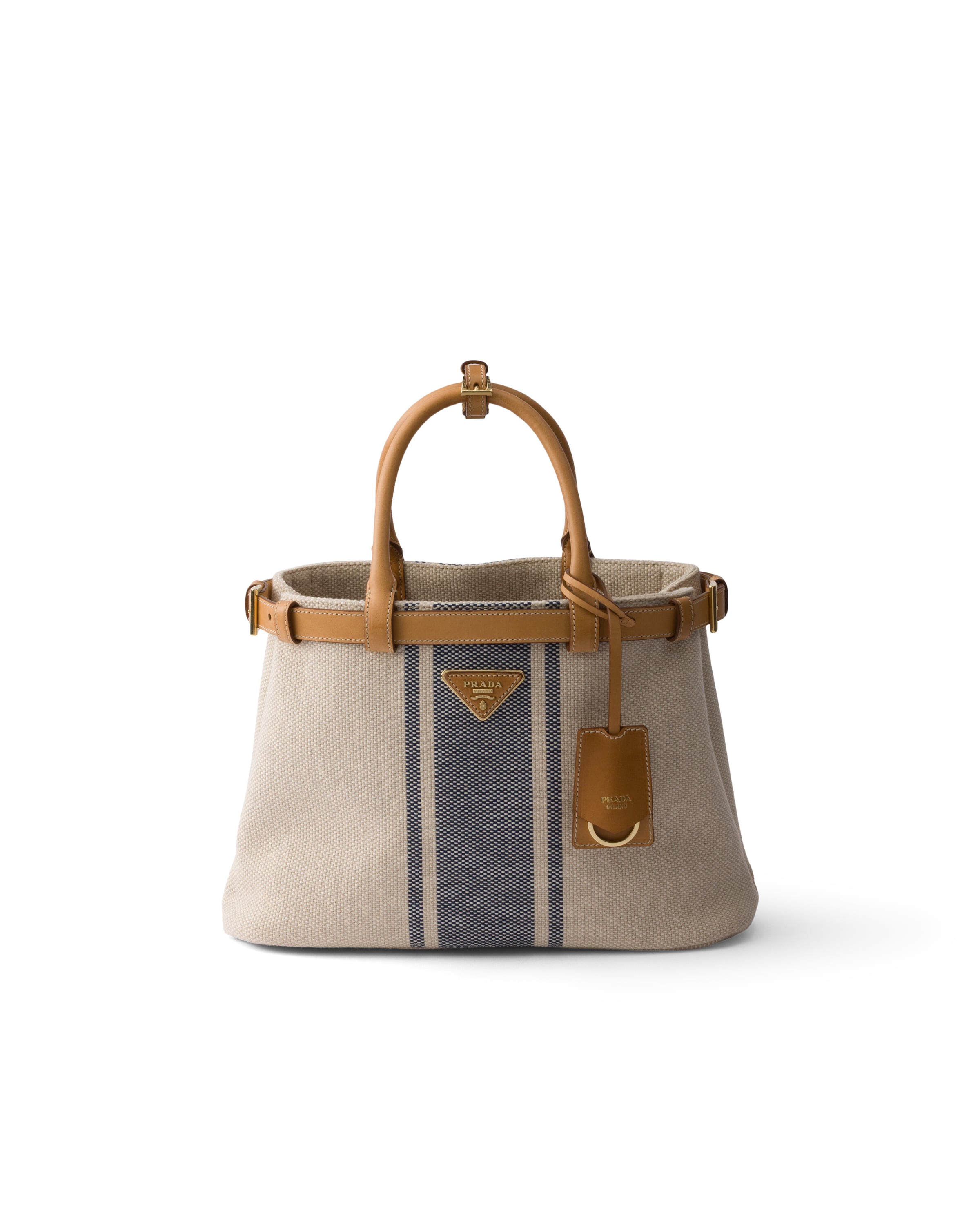 Prada Buckle Medium Canvas And Leather Handbag In Brown