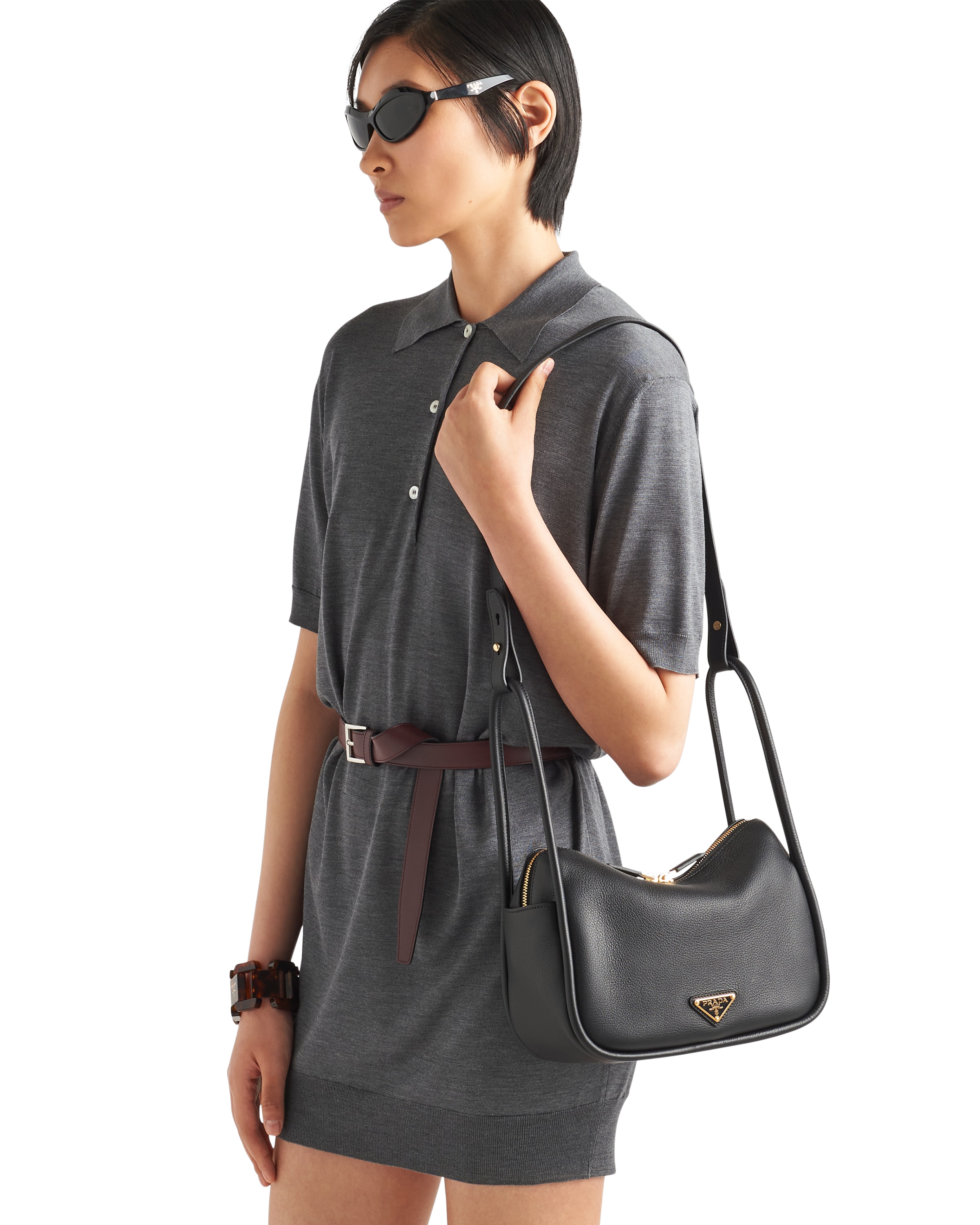 Prada Vitello Mini Leather Handbag With Handle In Black