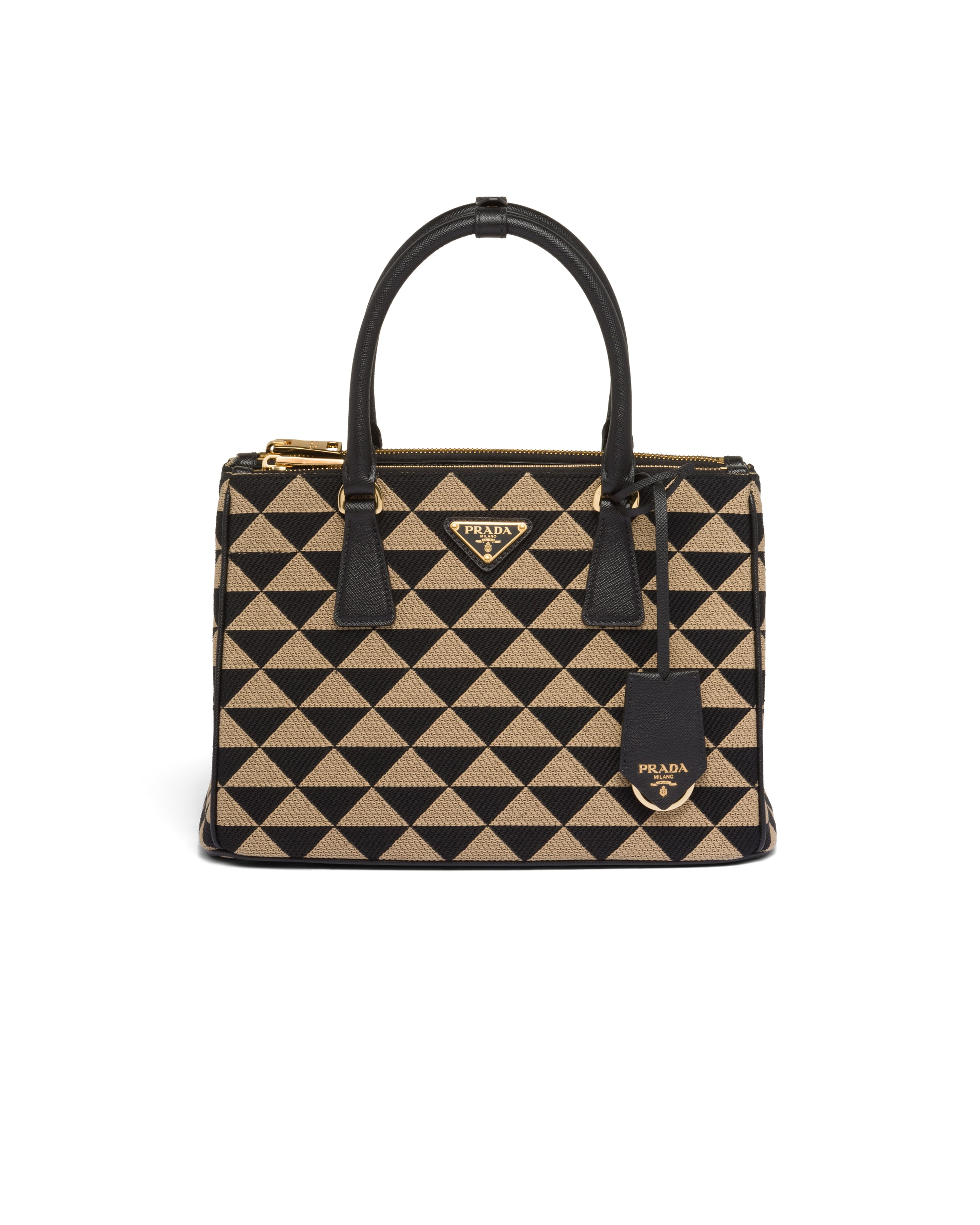 Small Prada Symbole Embroidered Fabric Bag, Women, Black/beige