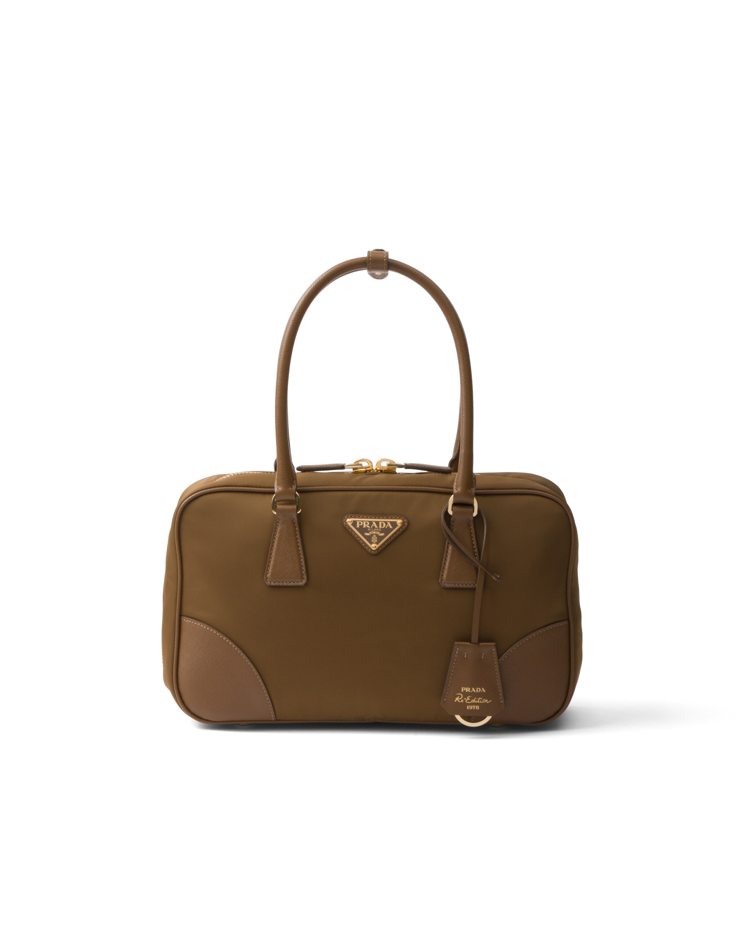 Mittelgroße Prada Re-edition 1978 Tasche Mit Zwei Griffen Aus Re-nylon Und Saffiano-leder, Damen, Korkbeige
