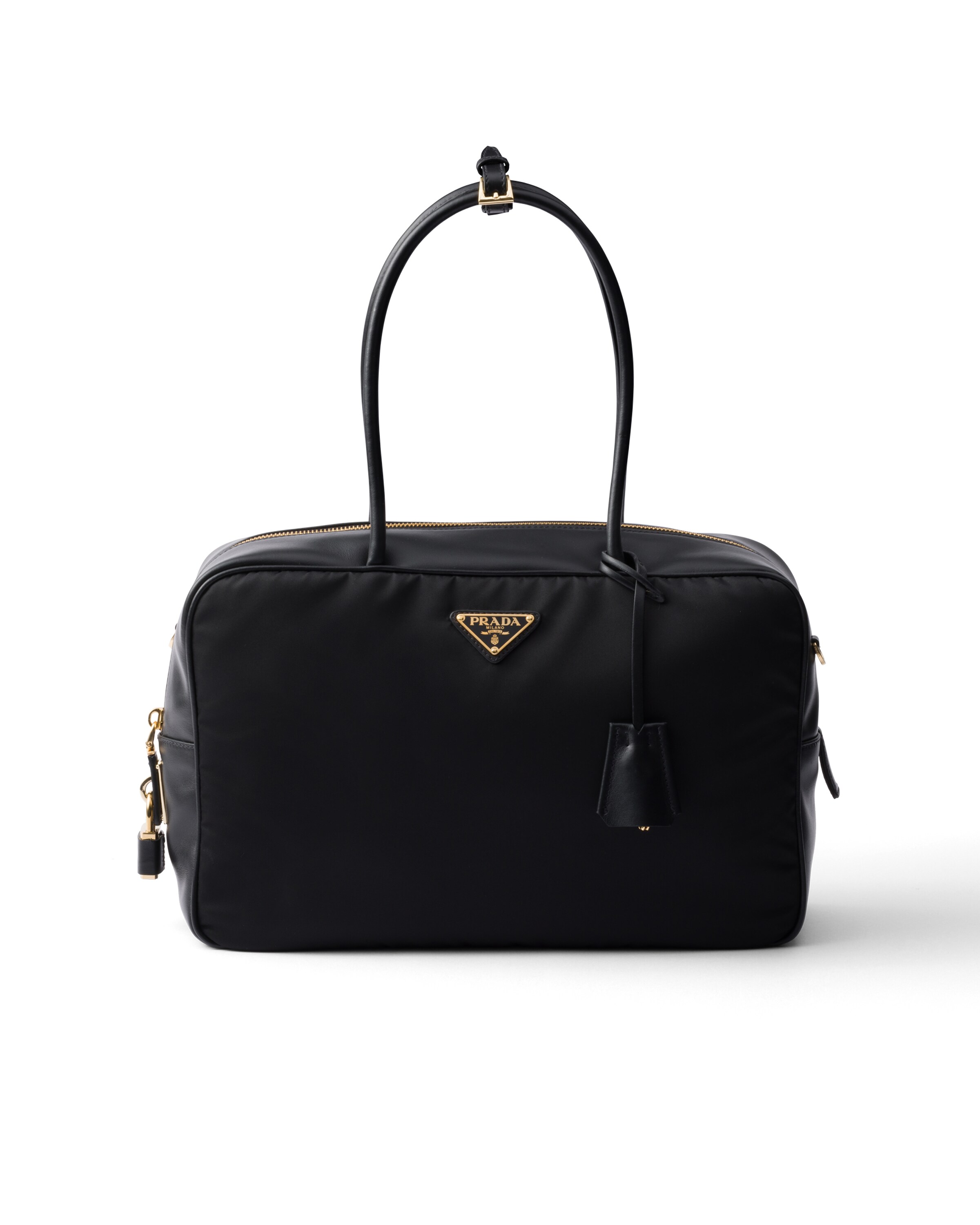 Prada Große Henkeltasche Aus Re-nylon Und Leder Mit Vorhängeschloss, Damen, Schwarz