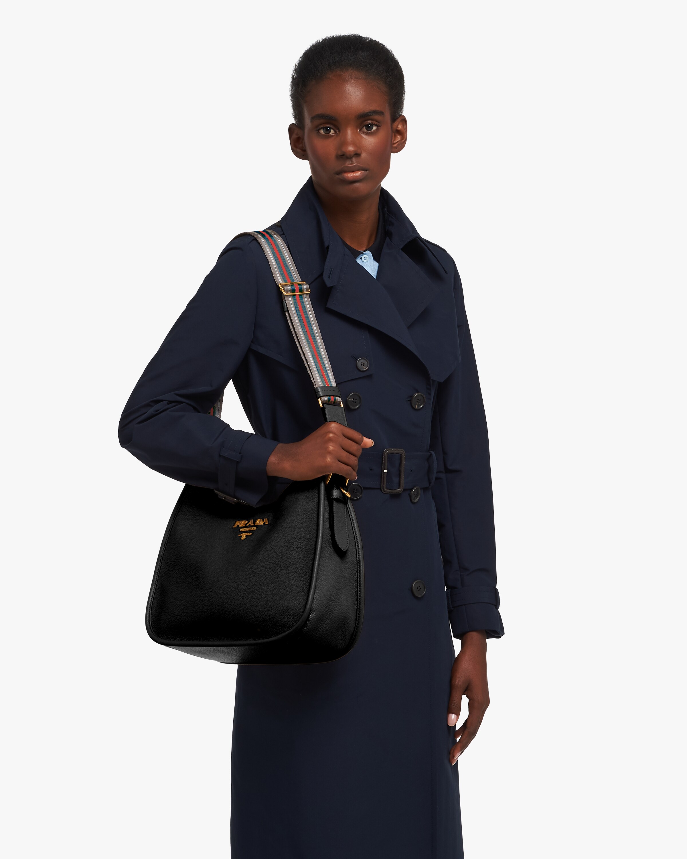 Black Medium leather hobo shoulder bag Prada