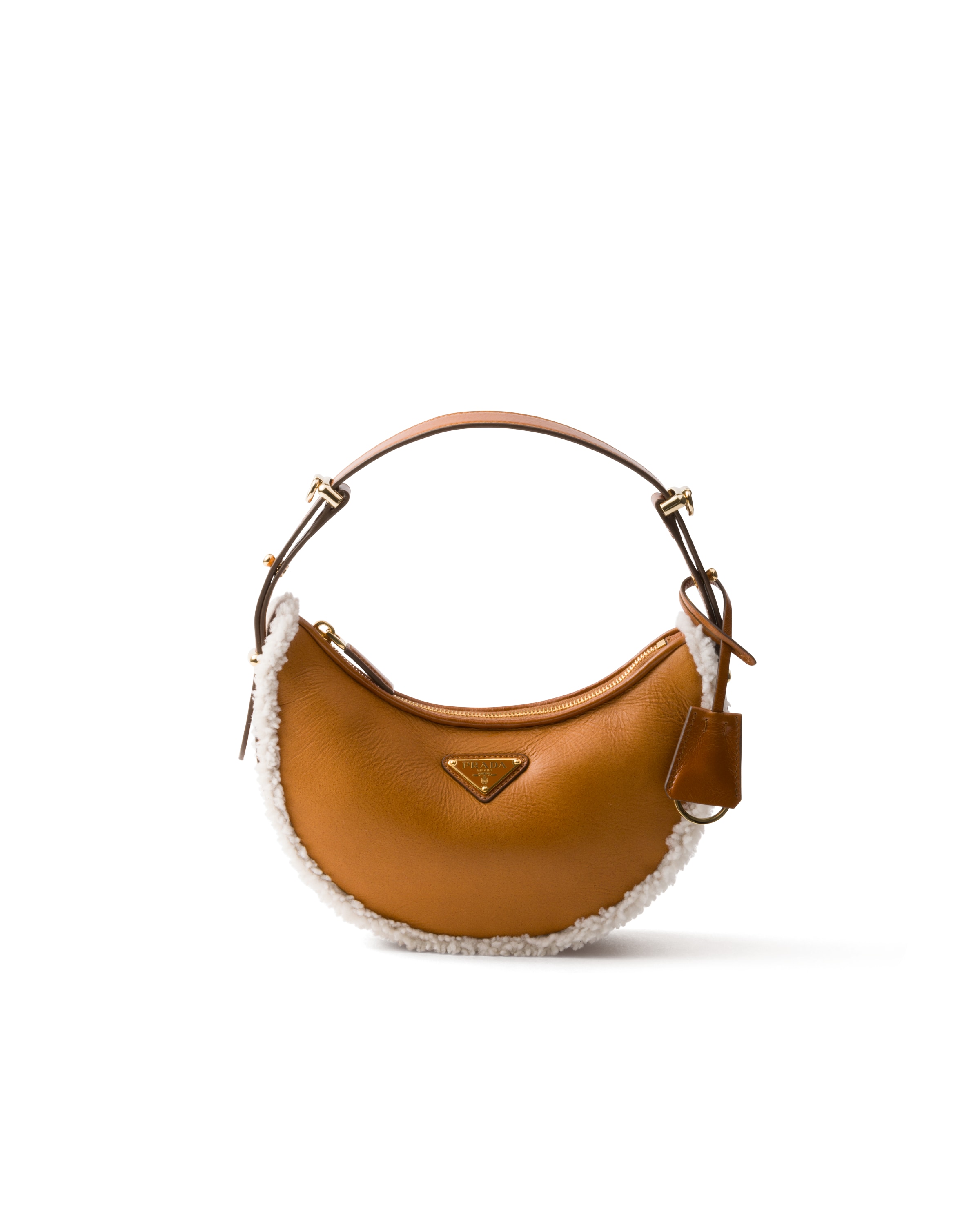 Petit Sac Porté Épaule Prada Arqué En Peau De Mouton, Femme, Cognac/naturel