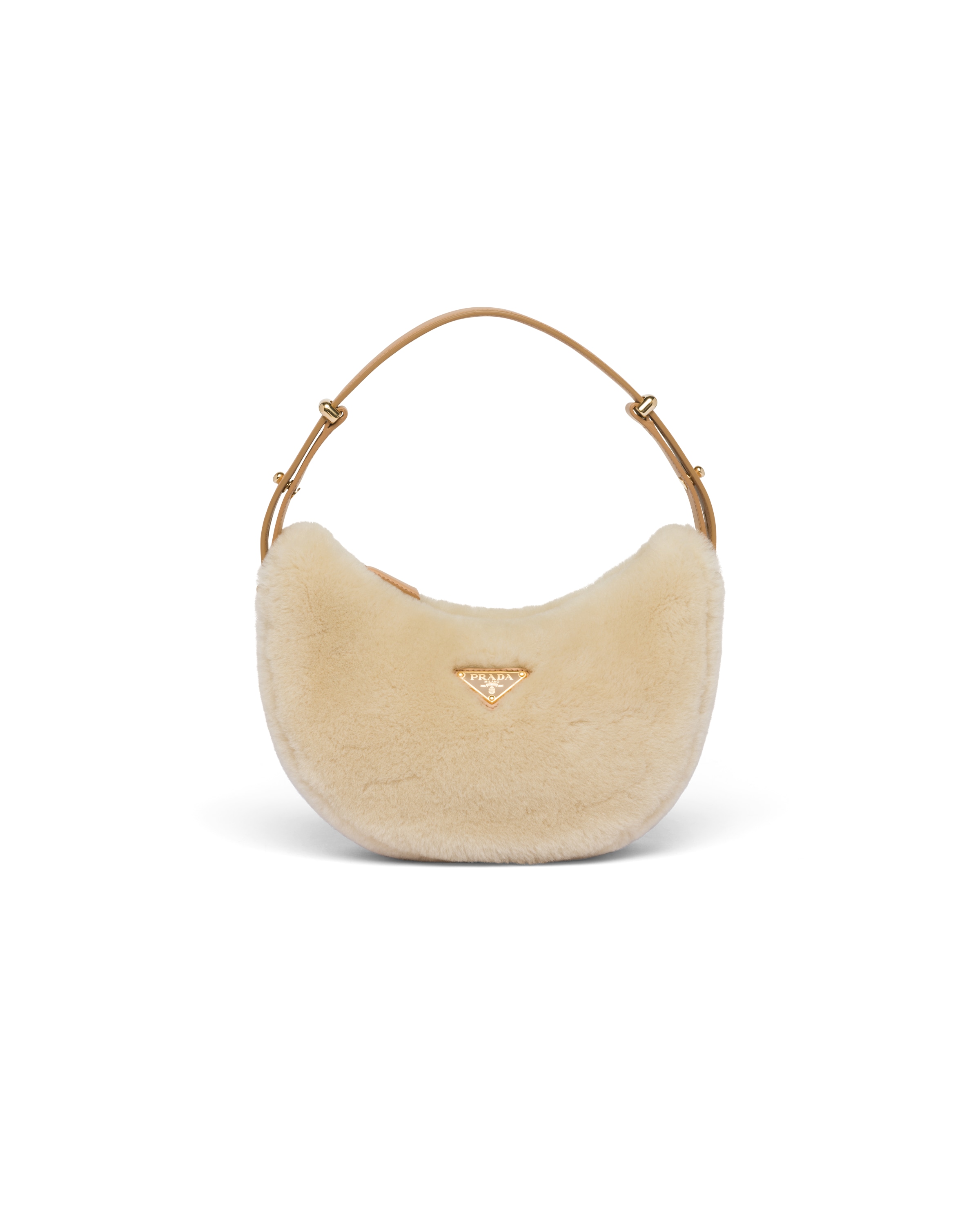 Borsa A Spalla Prada Arqué In Montone E Pelle, Donna, Écru/noisette