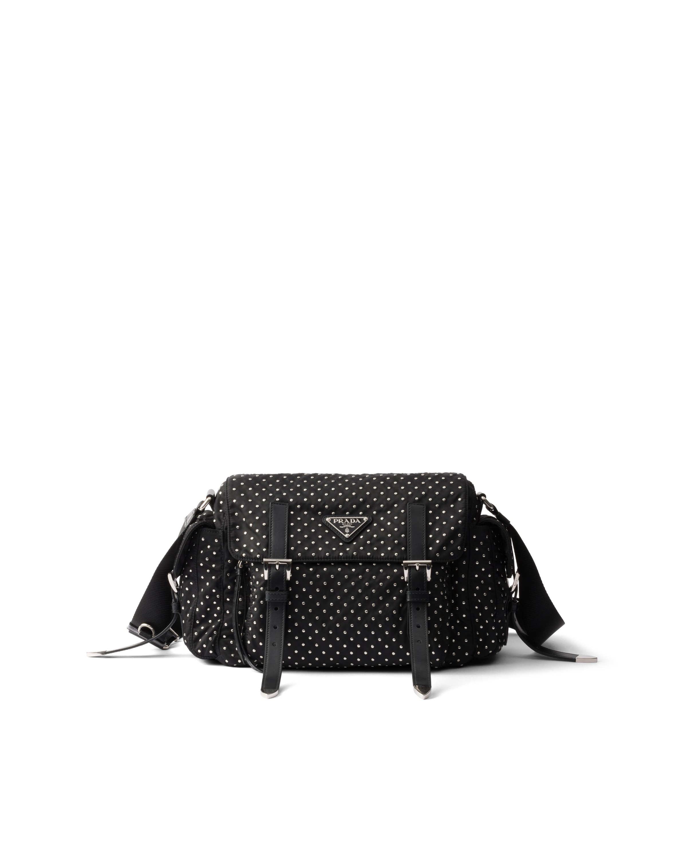Prada Borsa A Spalla Medium In Re-nylon Con Borchie, Donna, Nero