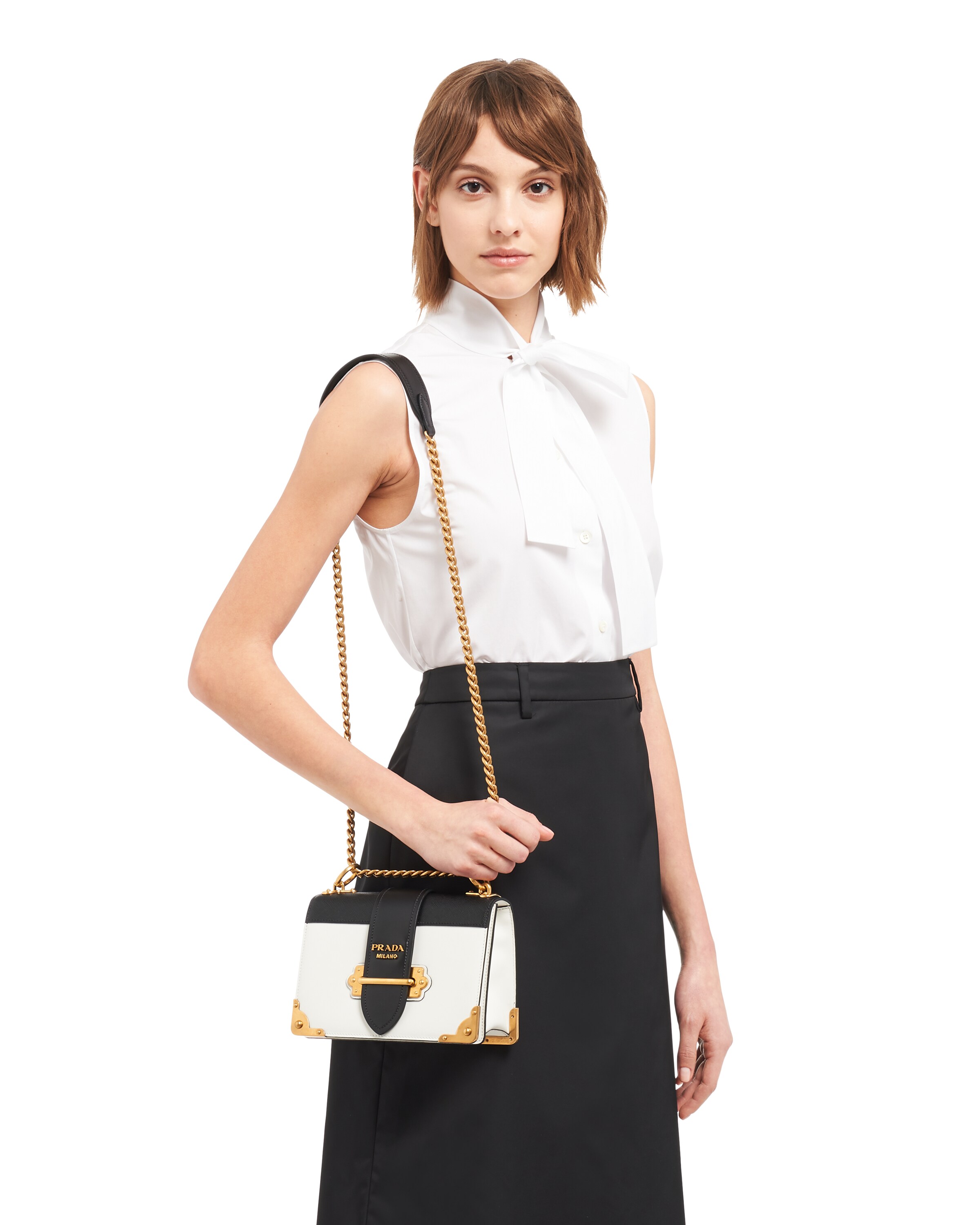 White/black Leather Prada Cahier Shoulder Bag Prada