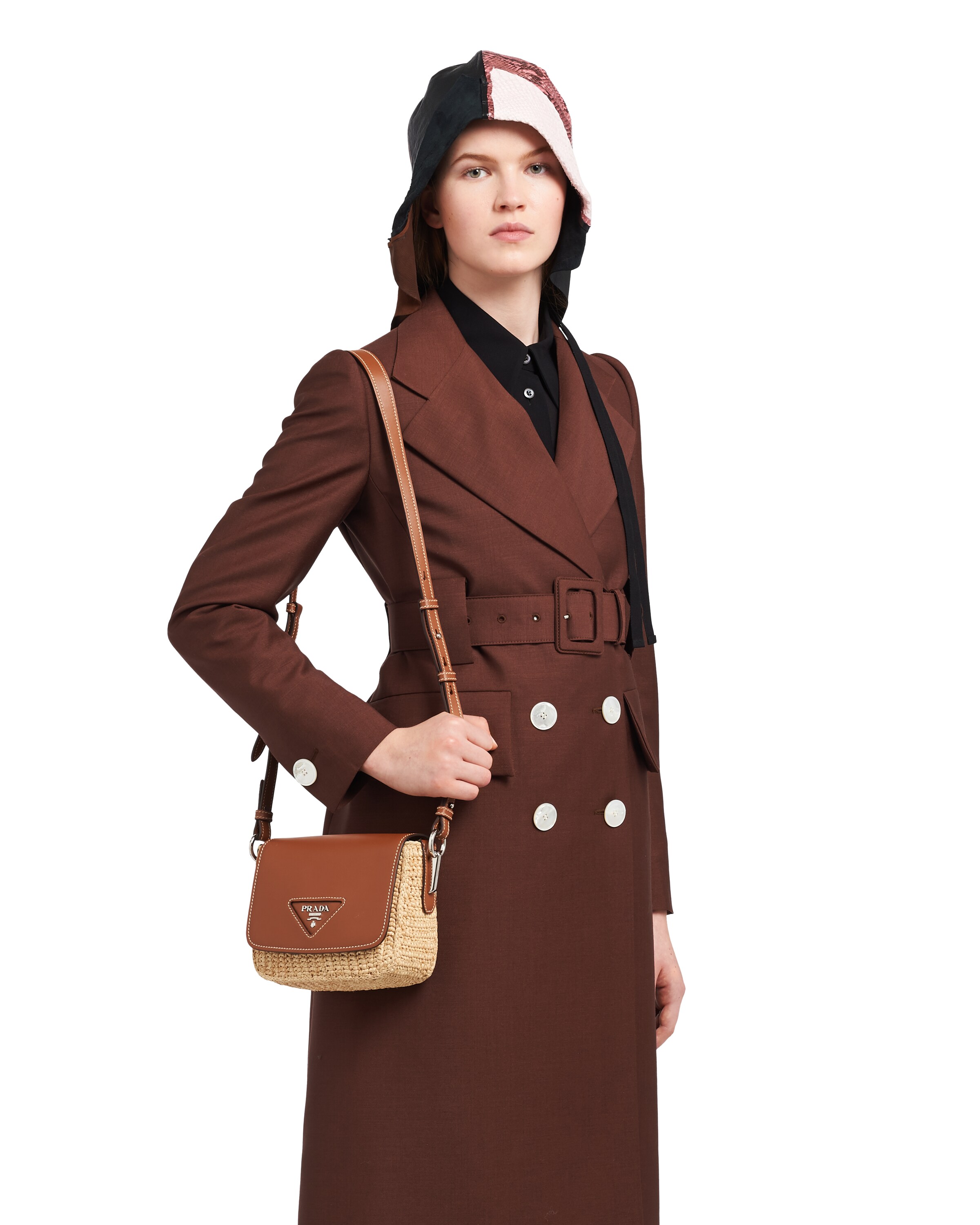 Beige/cognac Raffia and Leather Shoulder Bag Prada