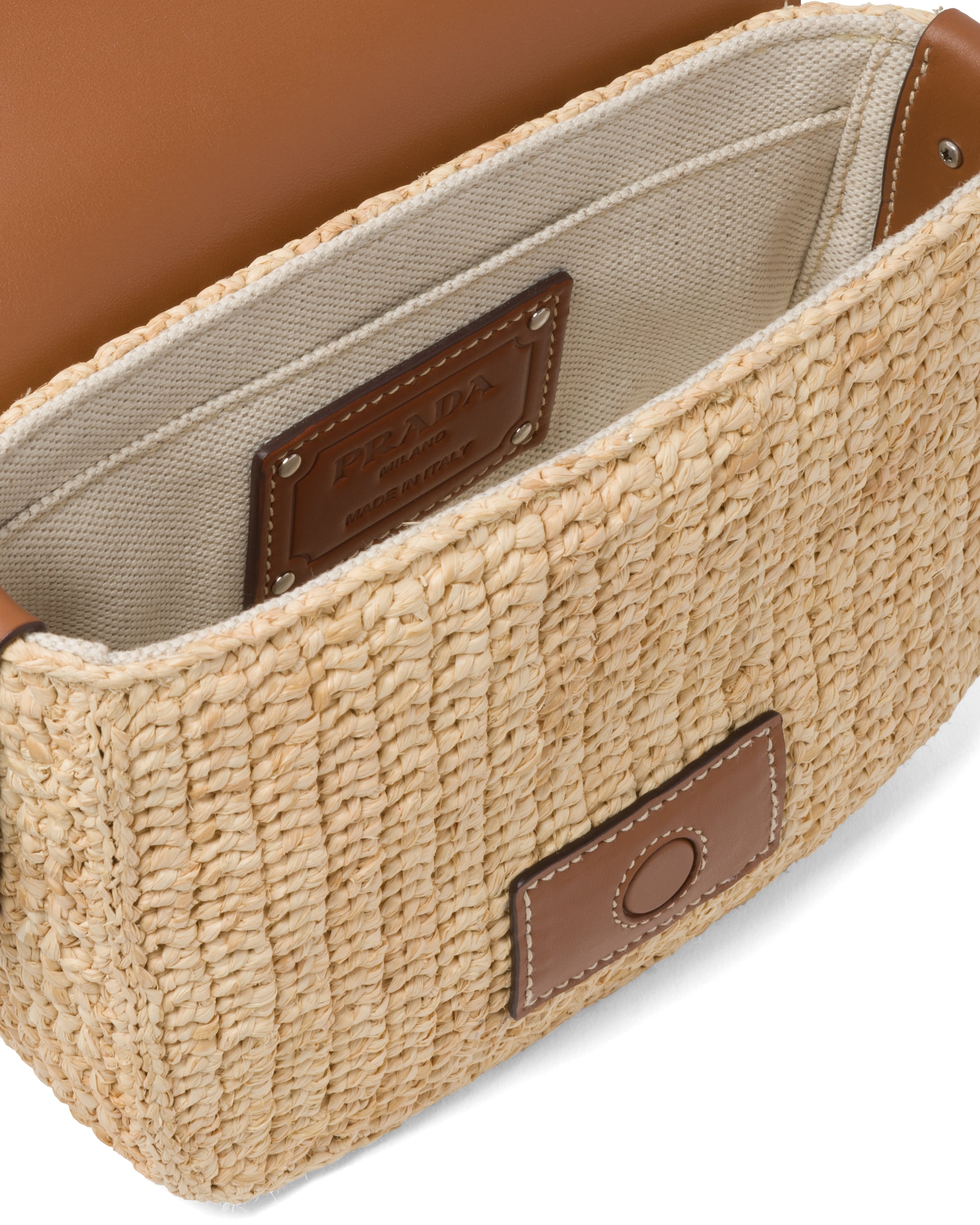 Beige/cognac Raffia and Leather Shoulder Bag Prada