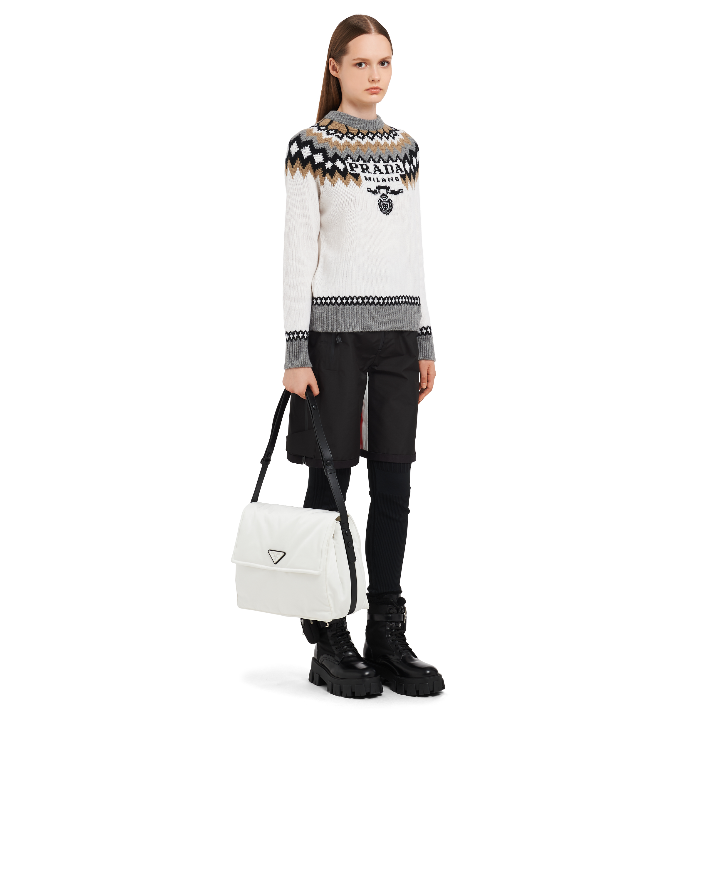 White/black Large padded ReNylon shoulder bag Prada