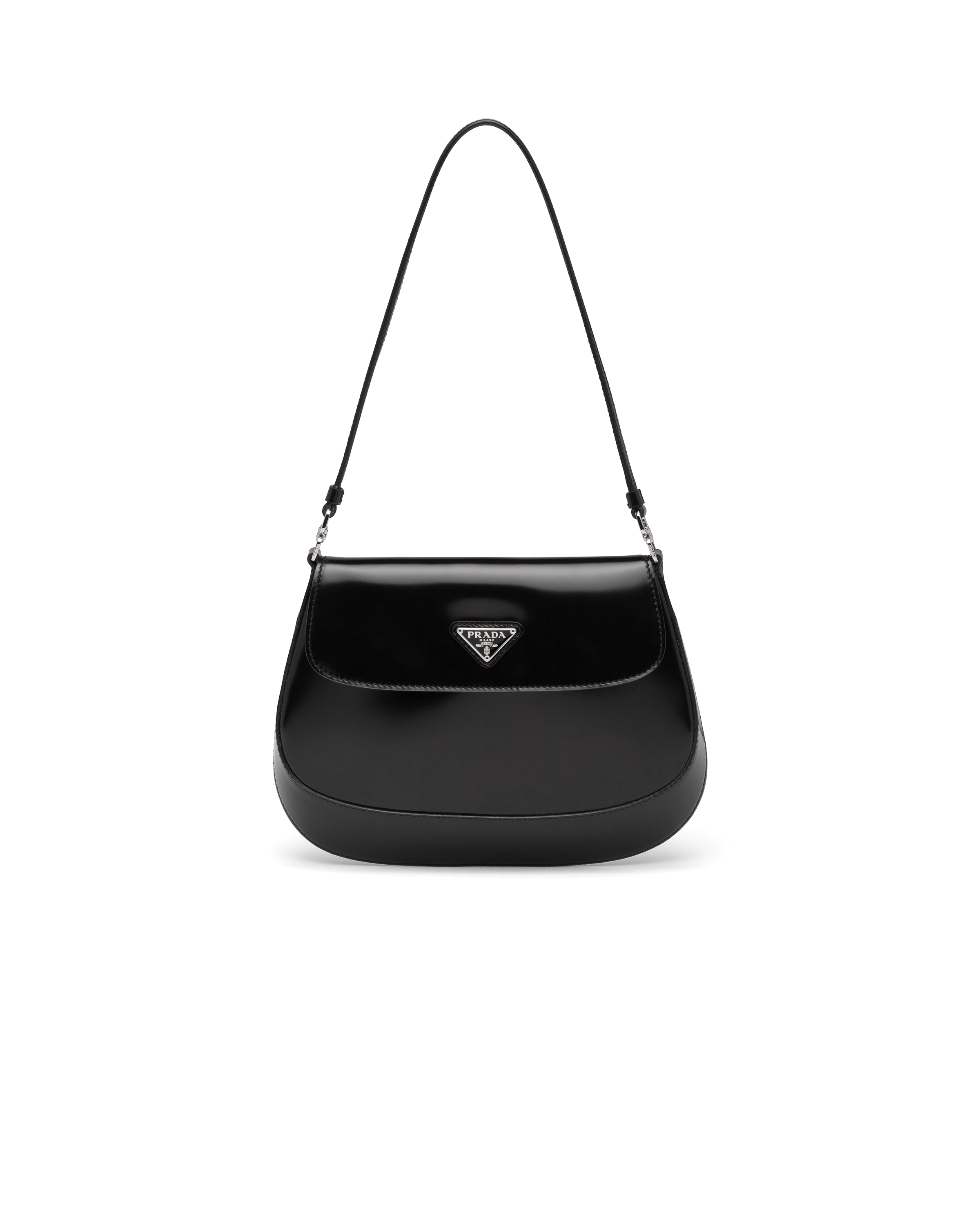 Prada Cleo Brushed Leather Shoulder Bag With Flap In Black