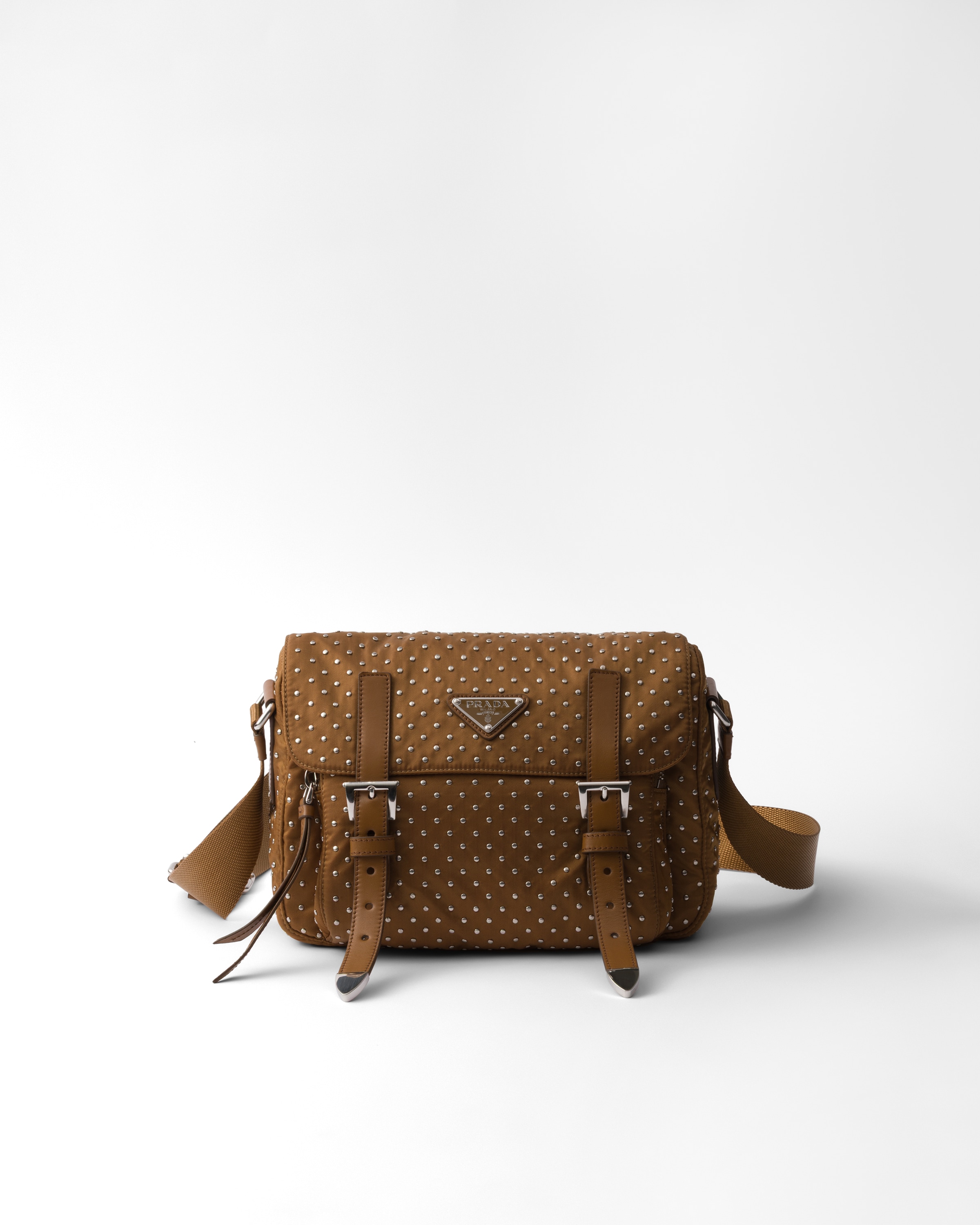 Prada Borsa A Spalla Small In Re-nylon Con Borchie, Donna, Brandy
